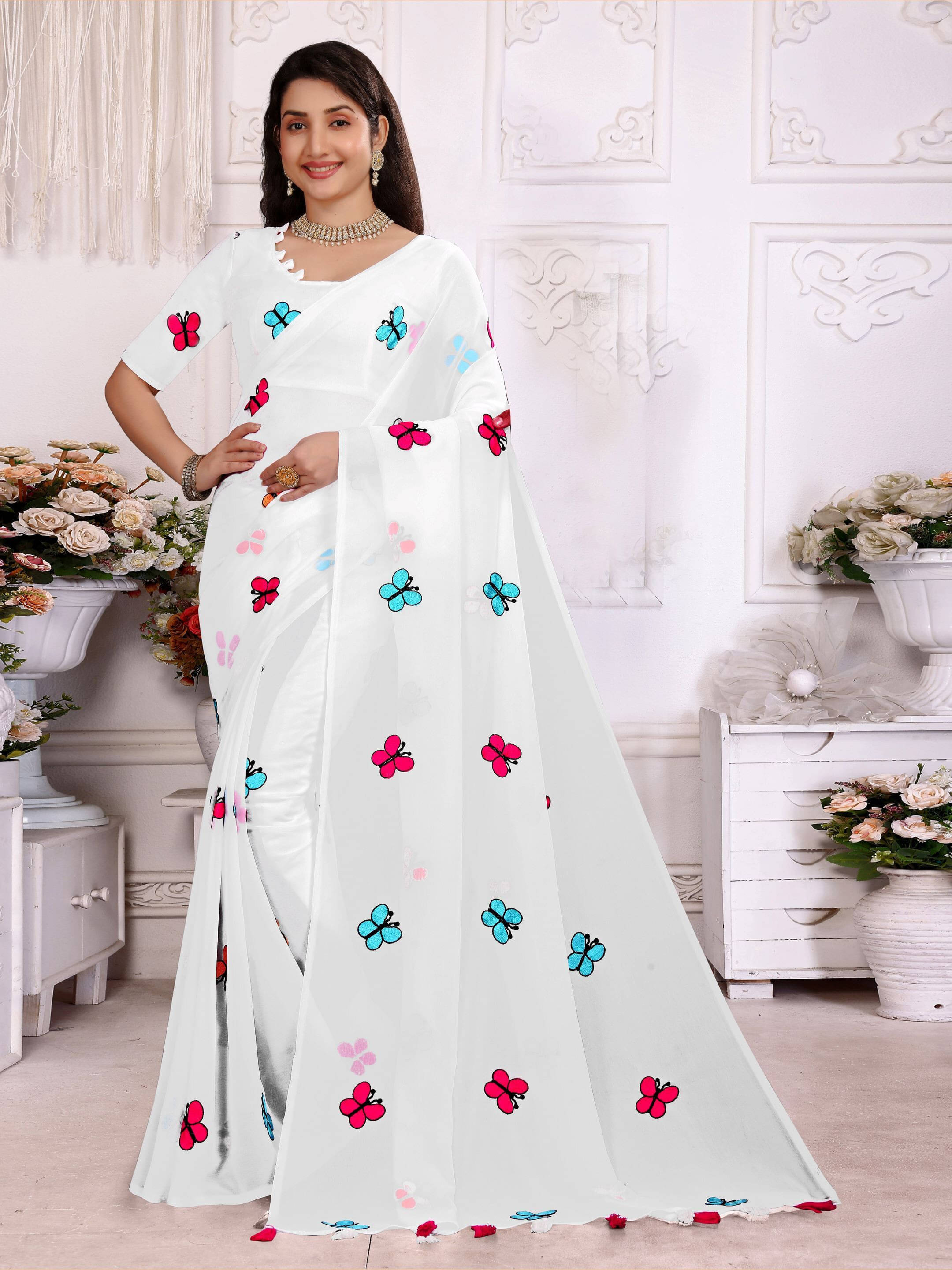 Sadika Georgette Embroidered Saree With Unstitched Blouse Piece ( White ) Sadika Georgette Embroidered Saree With Unstitched Blouse Piece ( White )