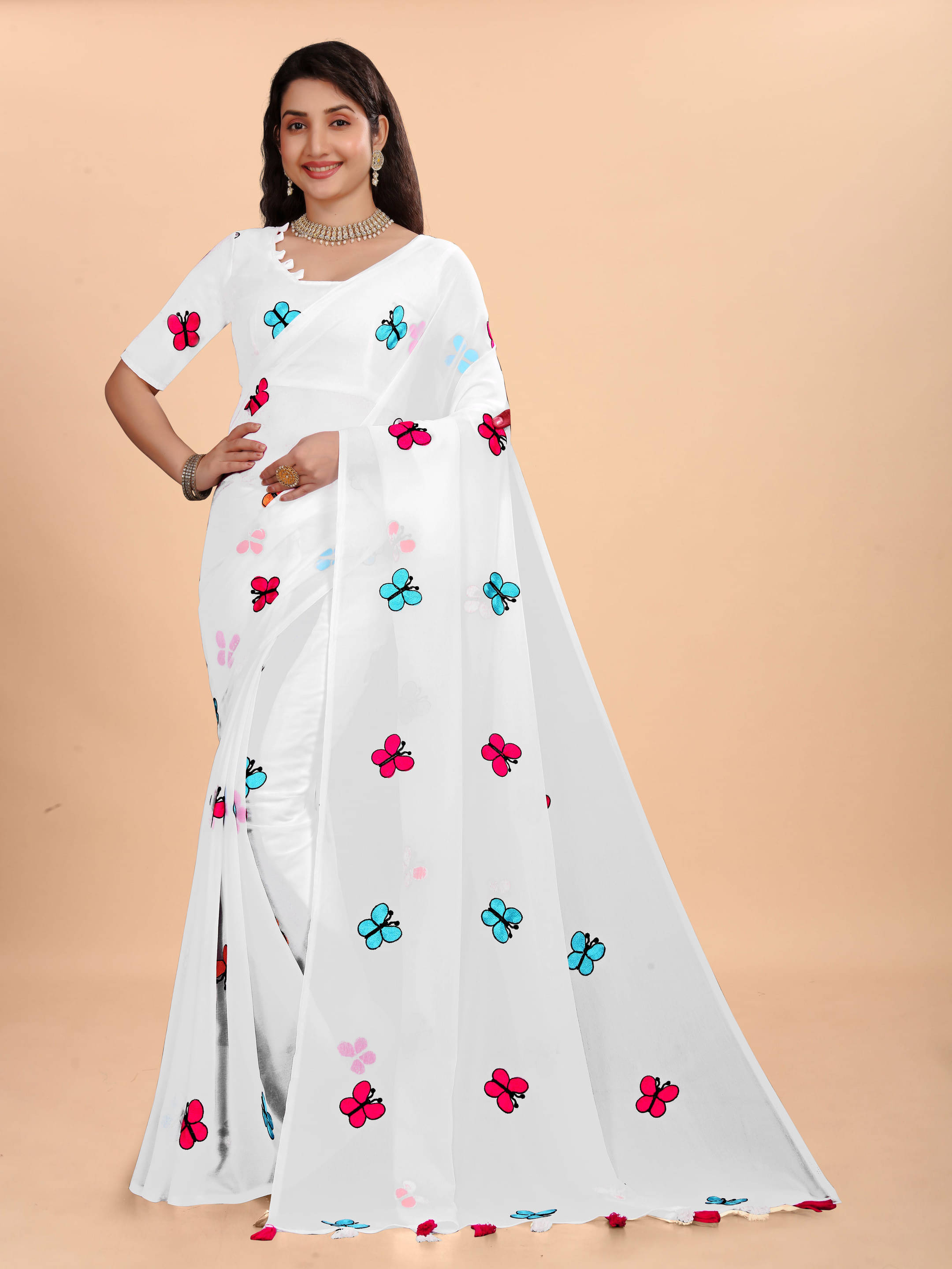 Sadika Georgette Embroidered Saree With Unstitched Blouse Piece ( White ) Sadika Georgette Embroidered Saree With Unstitched Blouse Piece ( White )