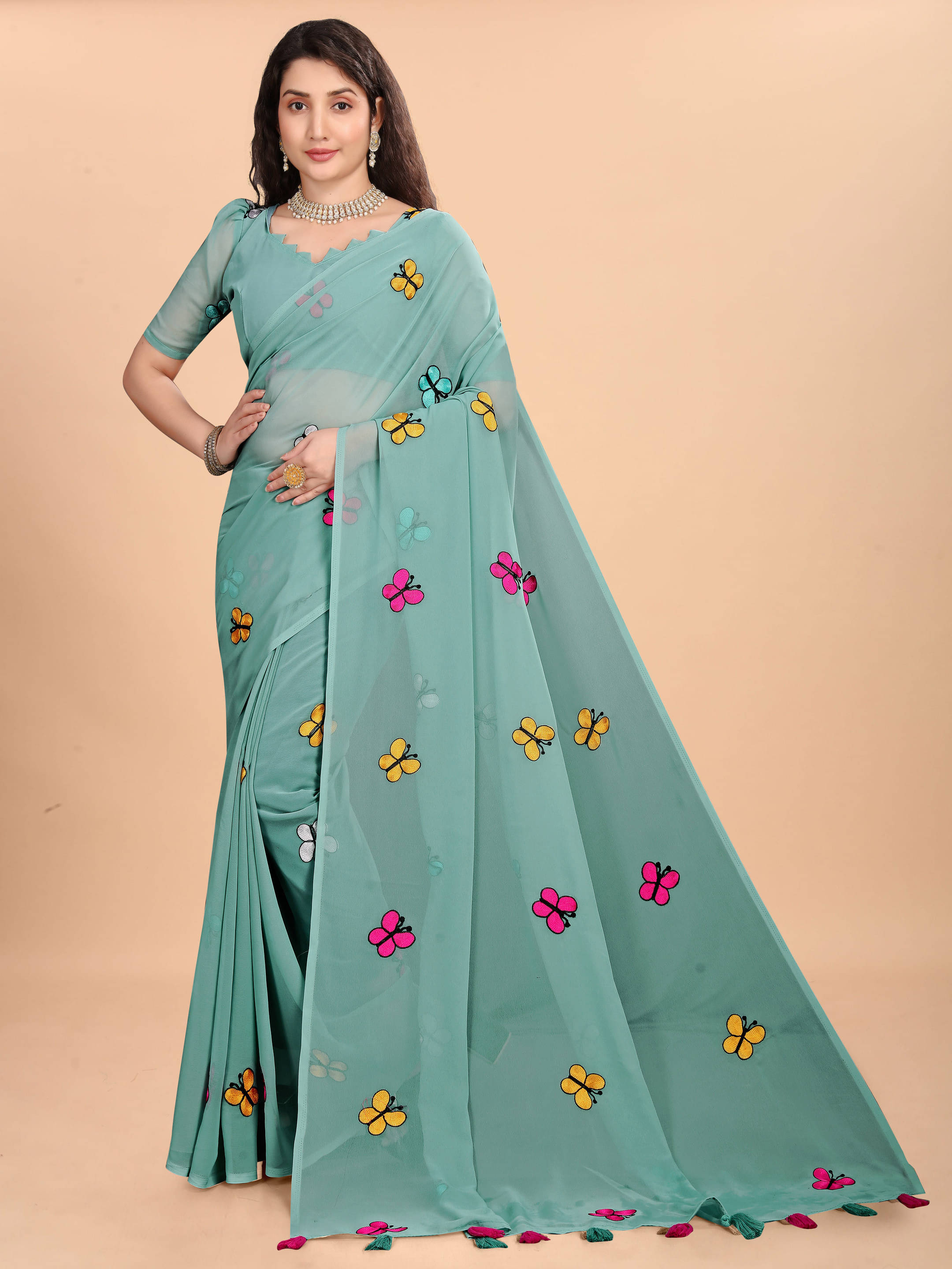 Sadika Georgette Embroidered Saree With Unstitched Blouse Piece ( Light Green ) Sadika Georgette Embroidered Saree With Unstitched Blouse Piece ( Light Green )