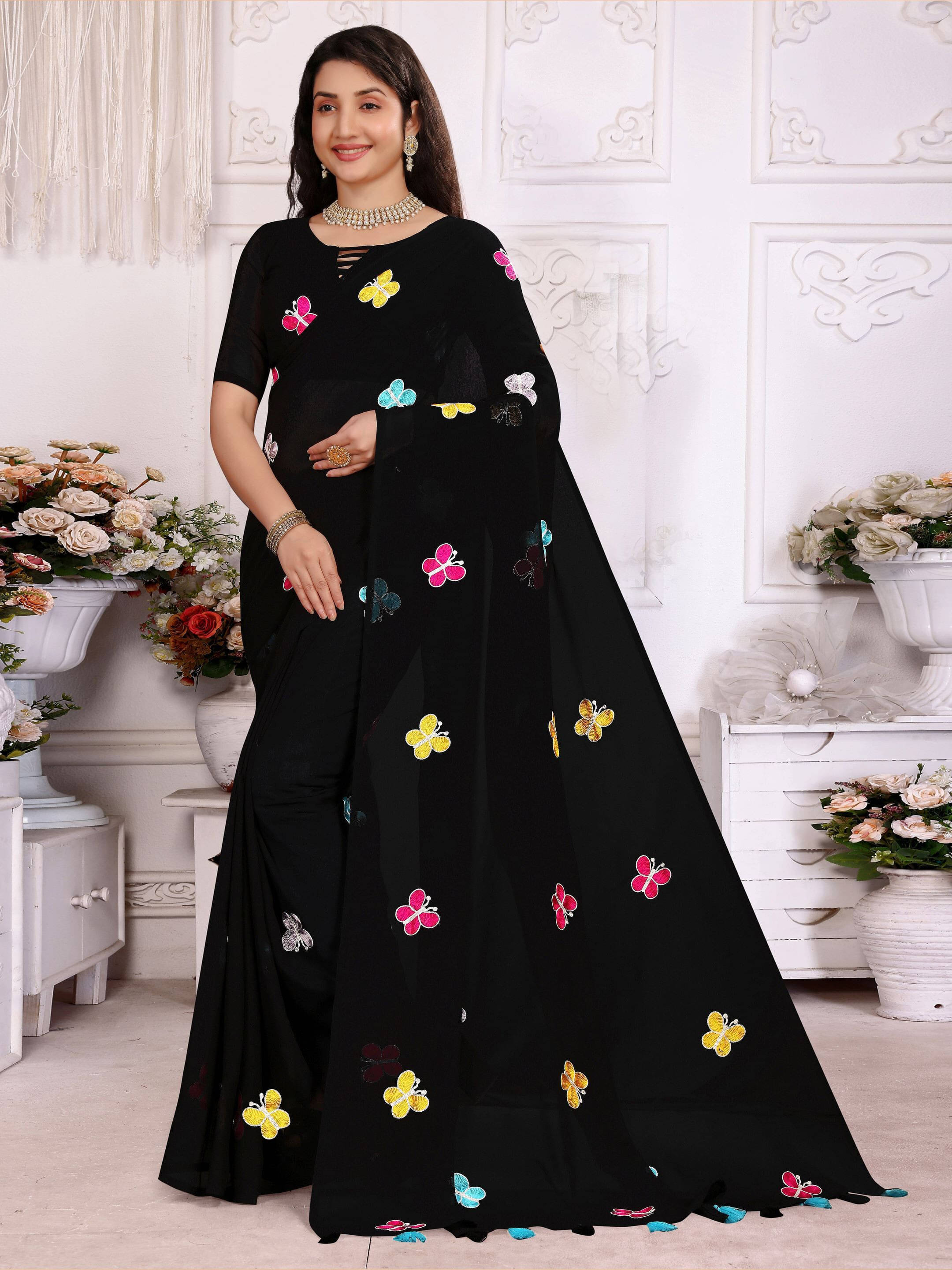 Sadika Georgette Embroidered Saree With Unstitched Blouse Piece ( Black ) Sadika Georgette Embroidered Saree With Unstitched Blouse Piece ( Black )