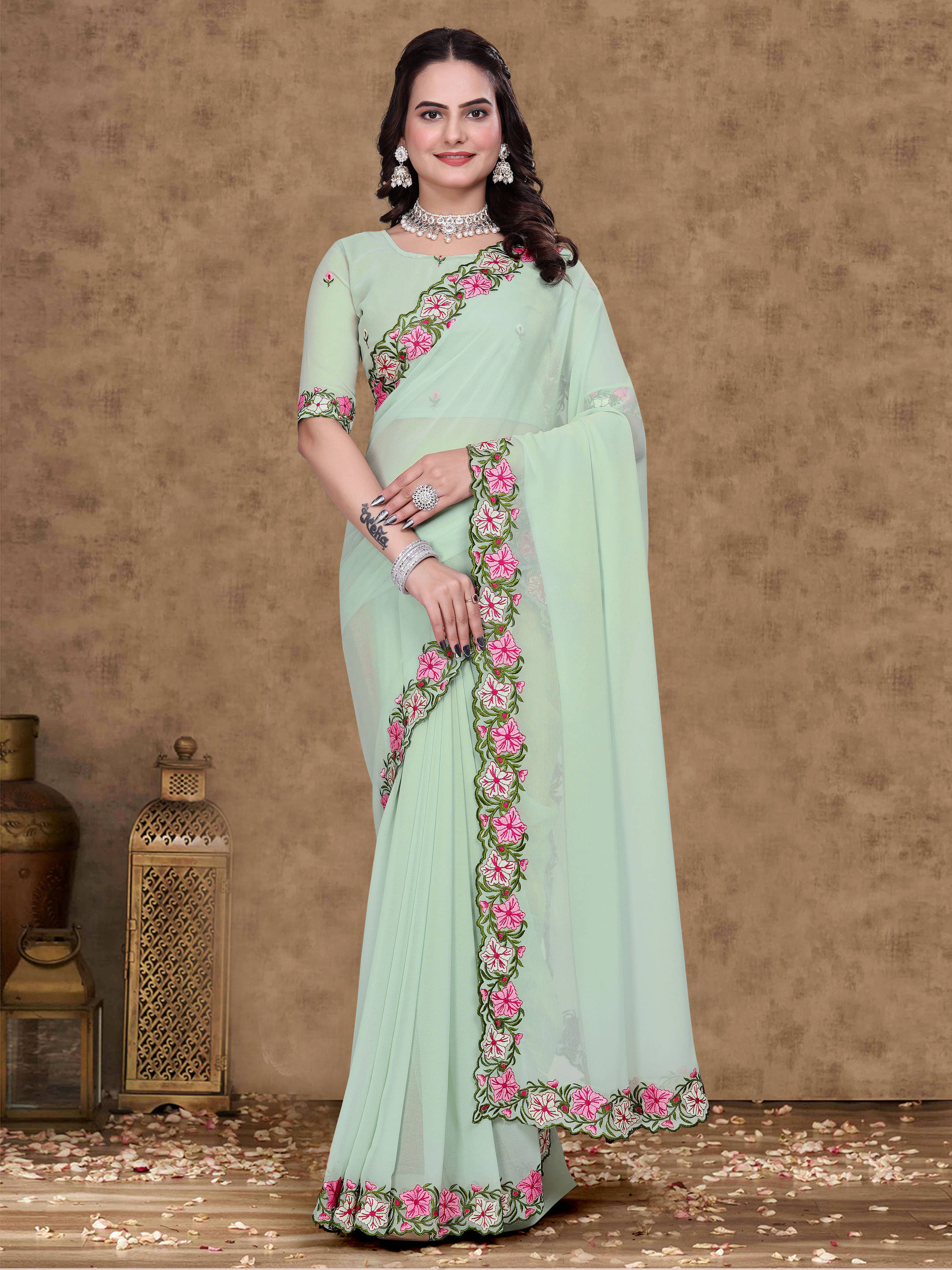     			Sadika Georgette Embroidered Saree With Unstitched Blouse Piece ( Light Green )