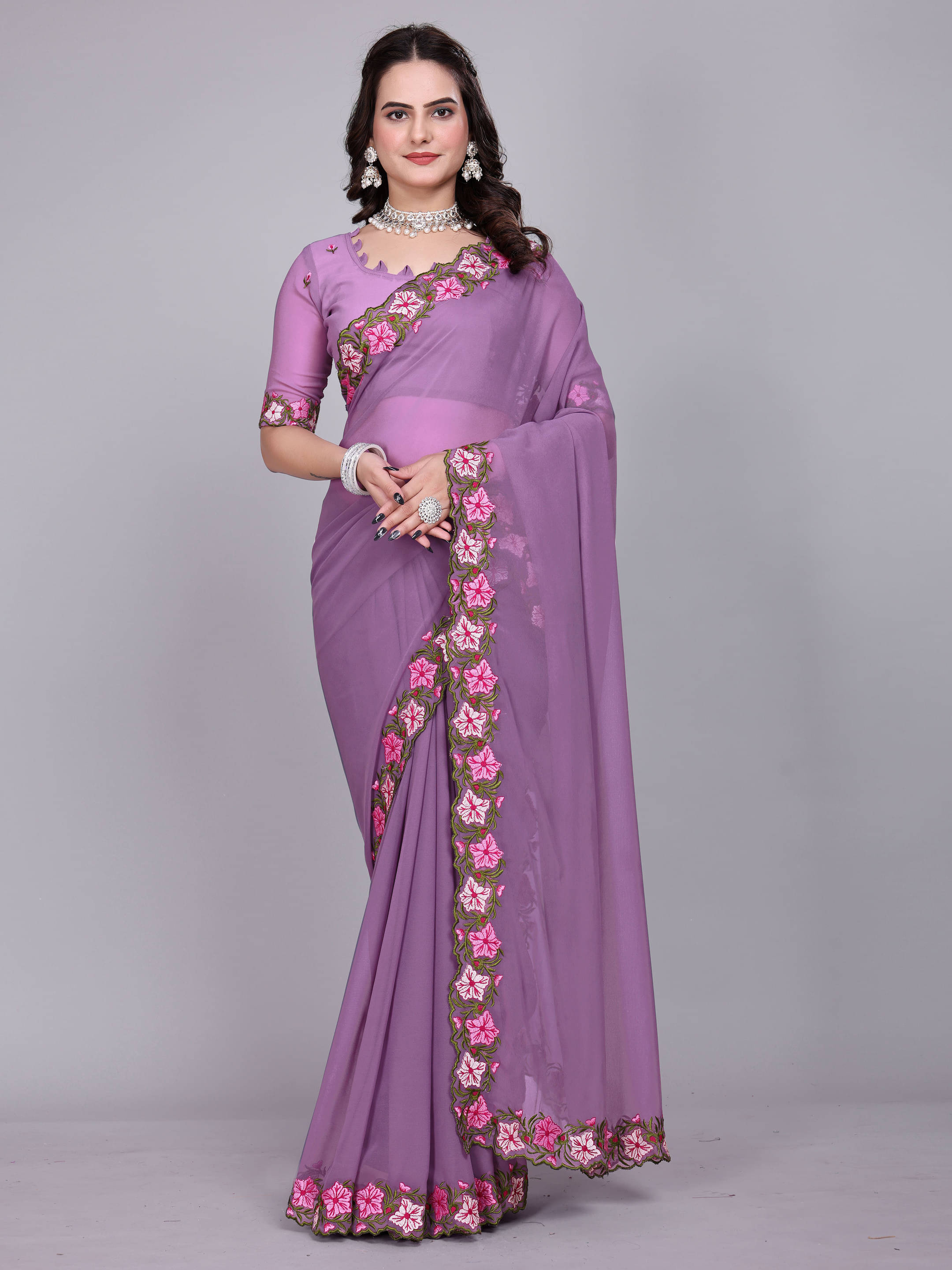 Sadika Georgette Embroidered Saree With Unstitched Blouse Piece ( Purple ) Sadika Georgette Embroidered Saree With Unstitched Blouse Piece ( Purple )