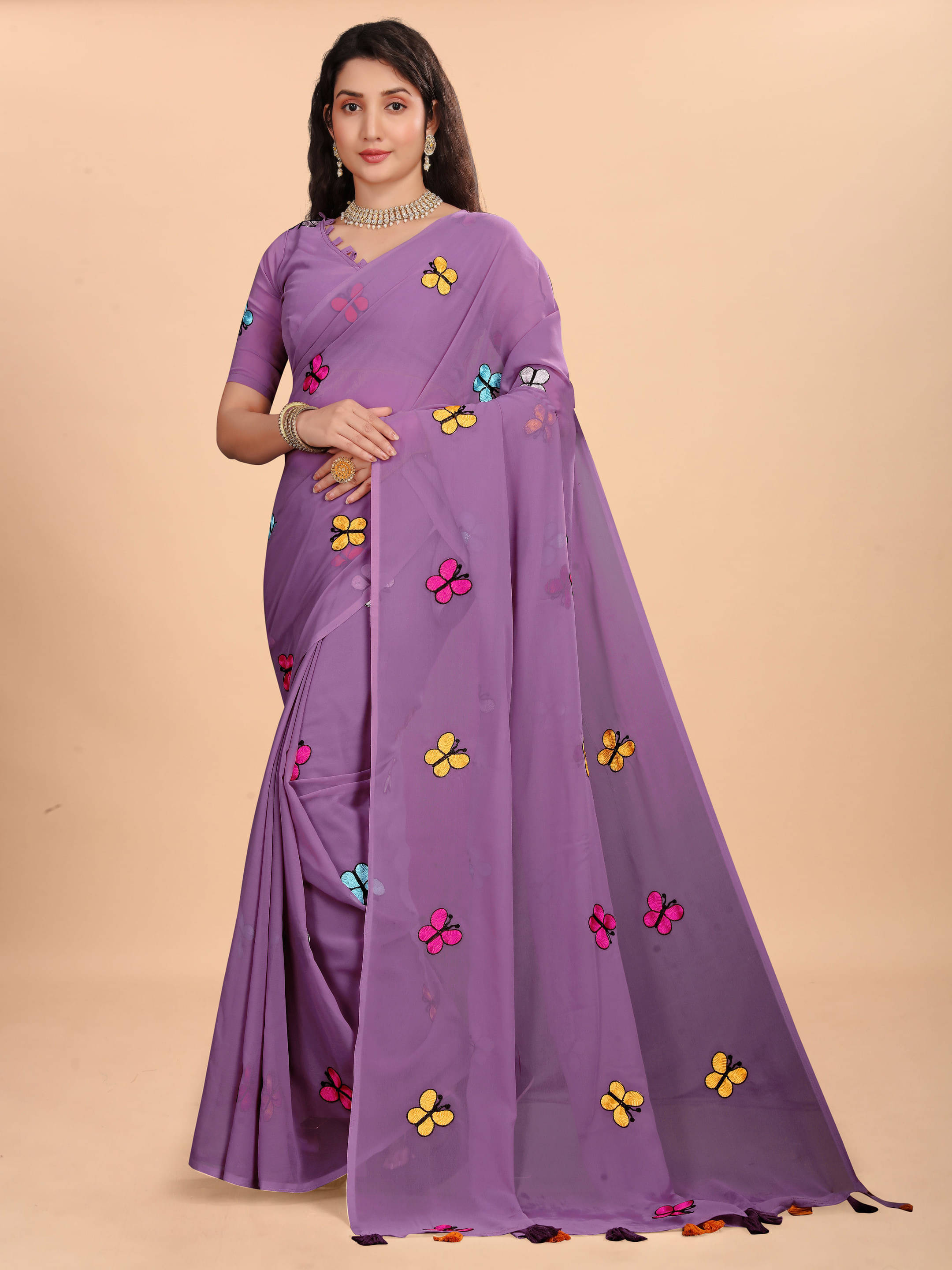 Sadika Georgette Embroidered Saree With Unstitched Blouse Piece ( Purple ) Sadika Georgette Embroidered Saree With Unstitched Blouse Piece ( Purple )