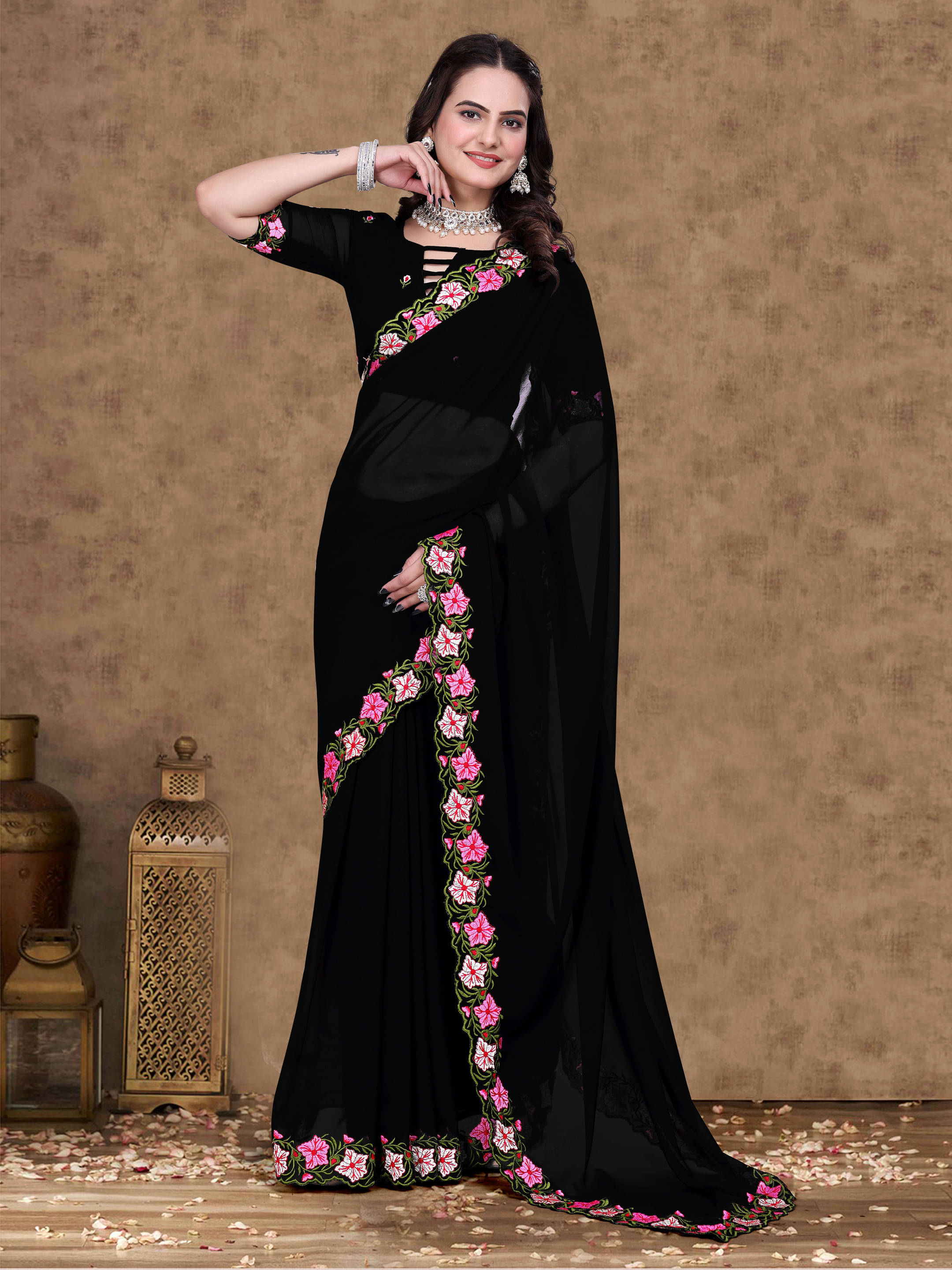 Sadika Georgette Embroidered Saree With Unstitched Blouse Piece ( Black ) Sadika Georgette Embroidered Saree With Unstitched Blouse Piece ( Black )