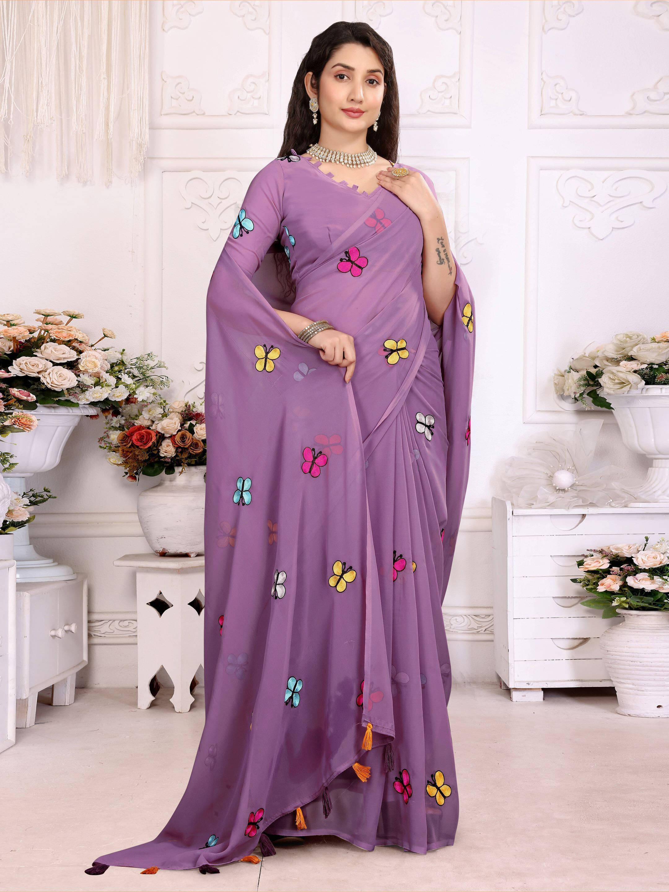 Sadika Georgette Embroidered Saree With Unstitched Blouse Piece ( Purple ) Sadika Georgette Embroidered Saree With Unstitched Blouse Piece ( Purple )