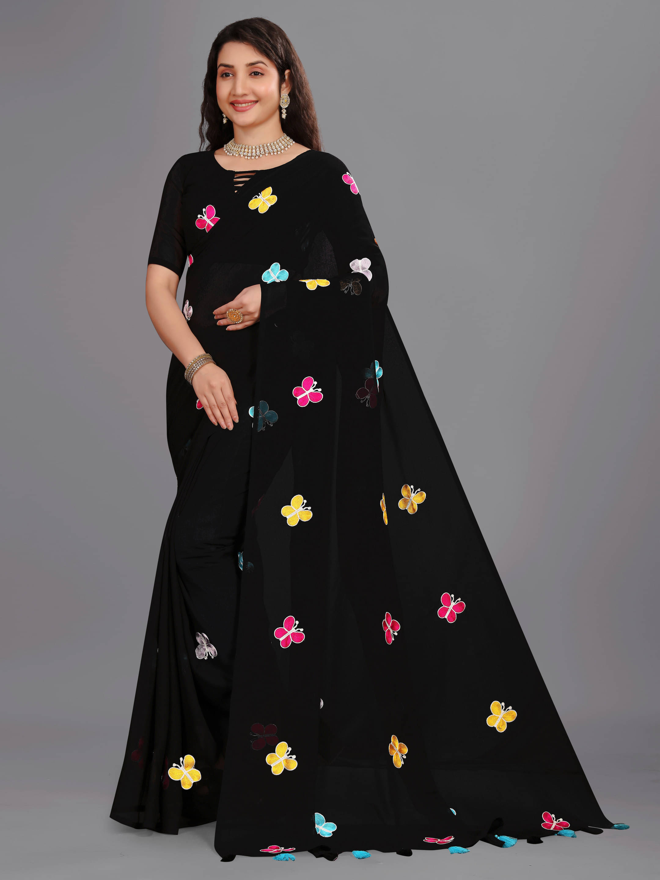 Sadika Georgette Embroidered Saree With Unstitched Blouse Piece ( Black ) Sadika Georgette Embroidered Saree With Unstitched Blouse Piece ( Black )