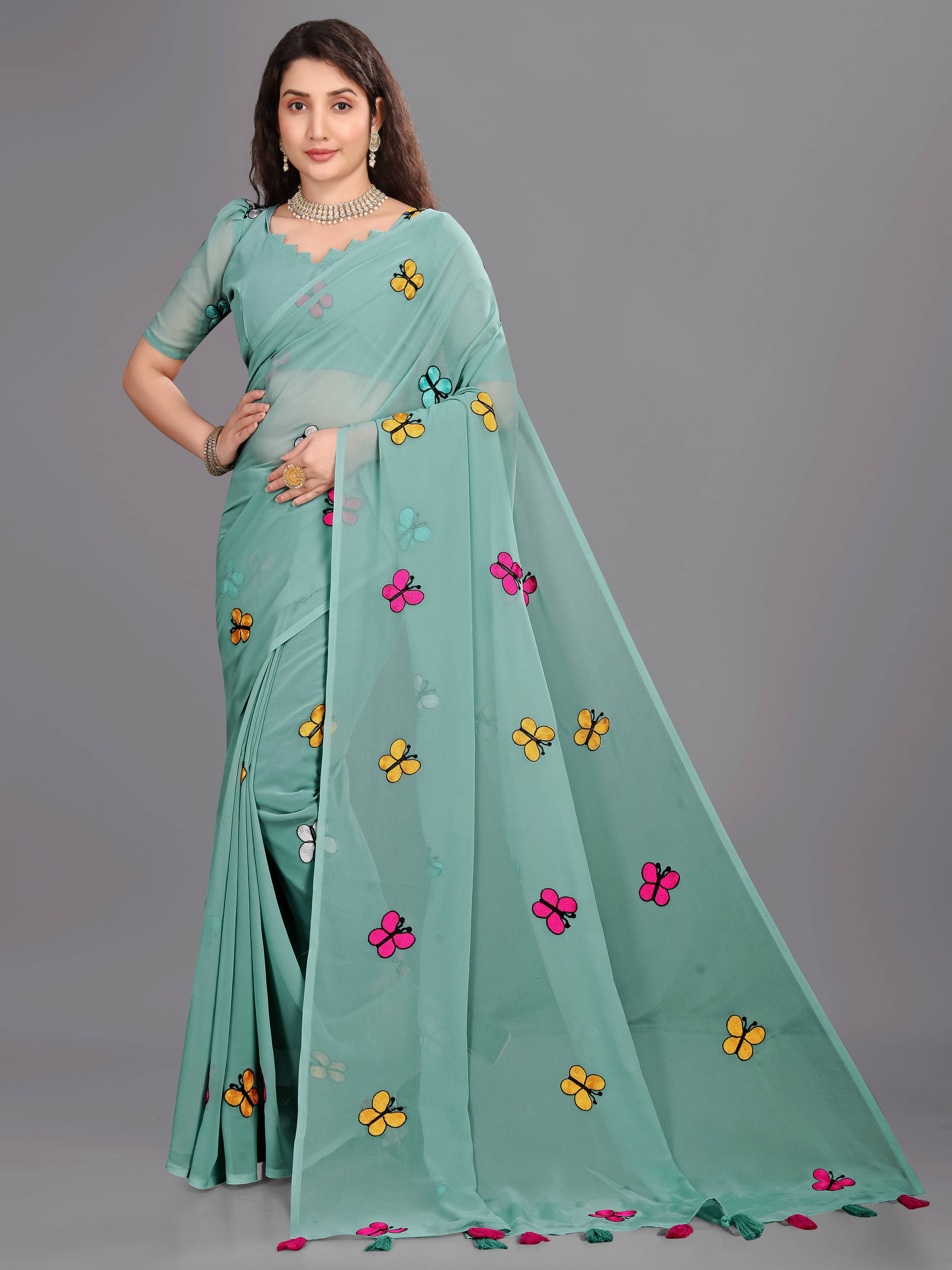 Sadika Georgette Embroidered Saree With Unstitched Blouse Piece ( Light Green ) Sadika Georgette Embroidered Saree With Unstitched Blouse Piece ( Light Green )