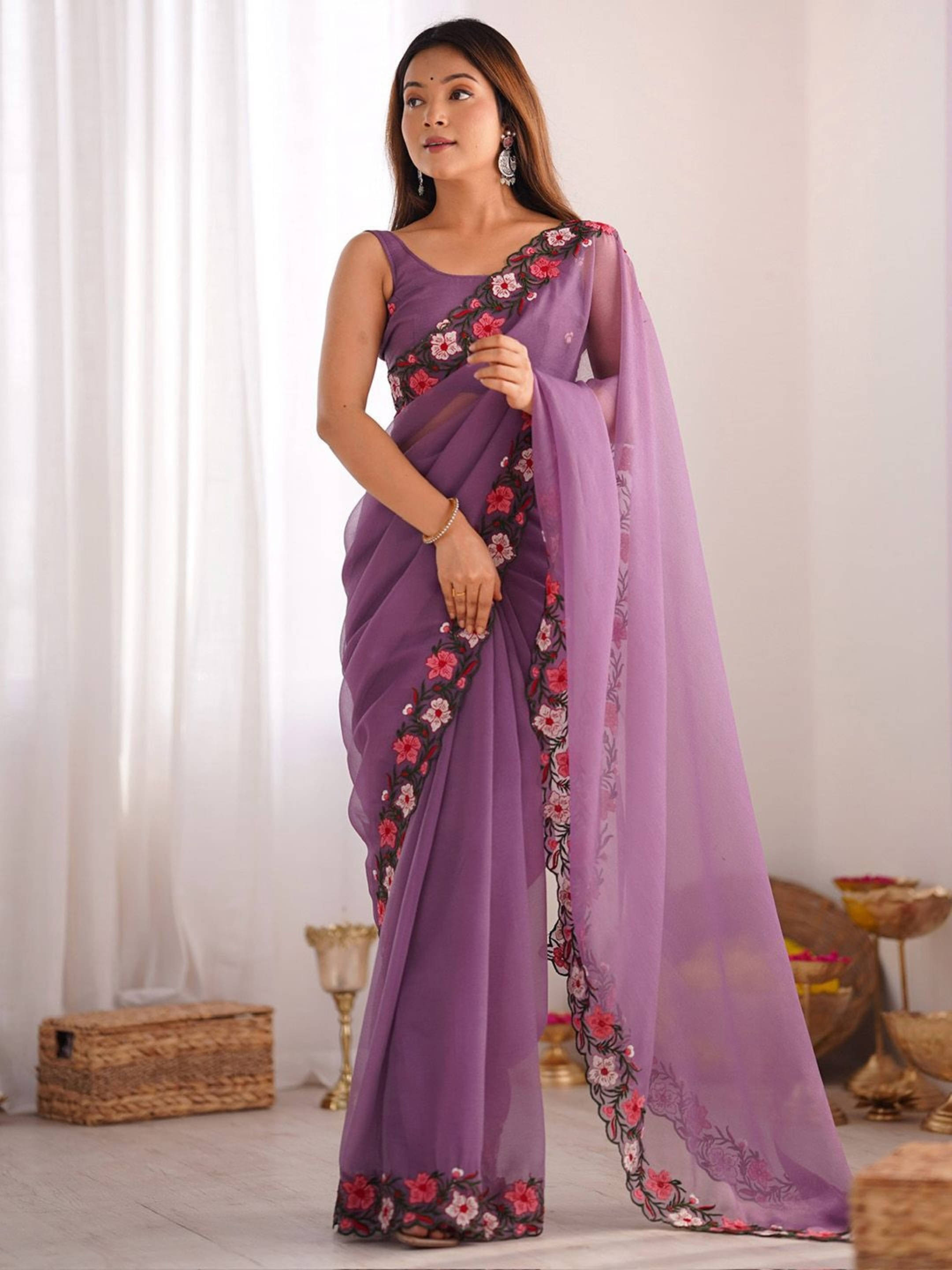     			Sadika Georgette Embroidered Saree With Unstitched Blouse Piece ( Purple )