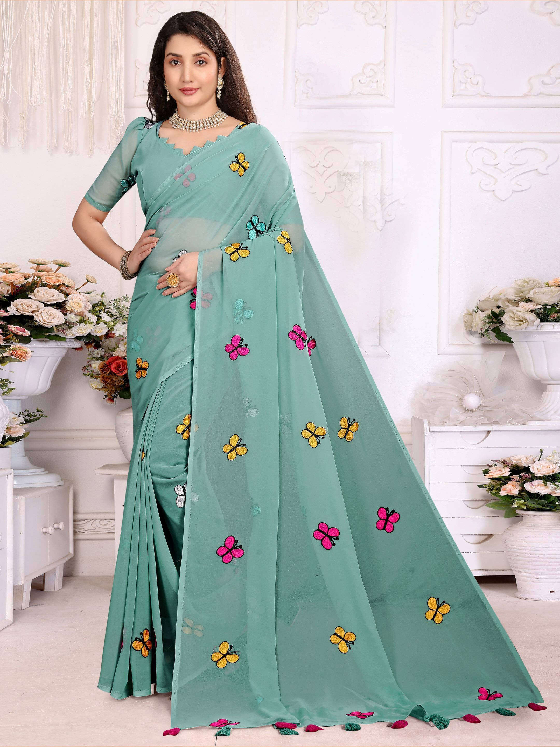     			Sadika Georgette Embroidered Saree With Unstitched Blouse Piece ( Light Green )