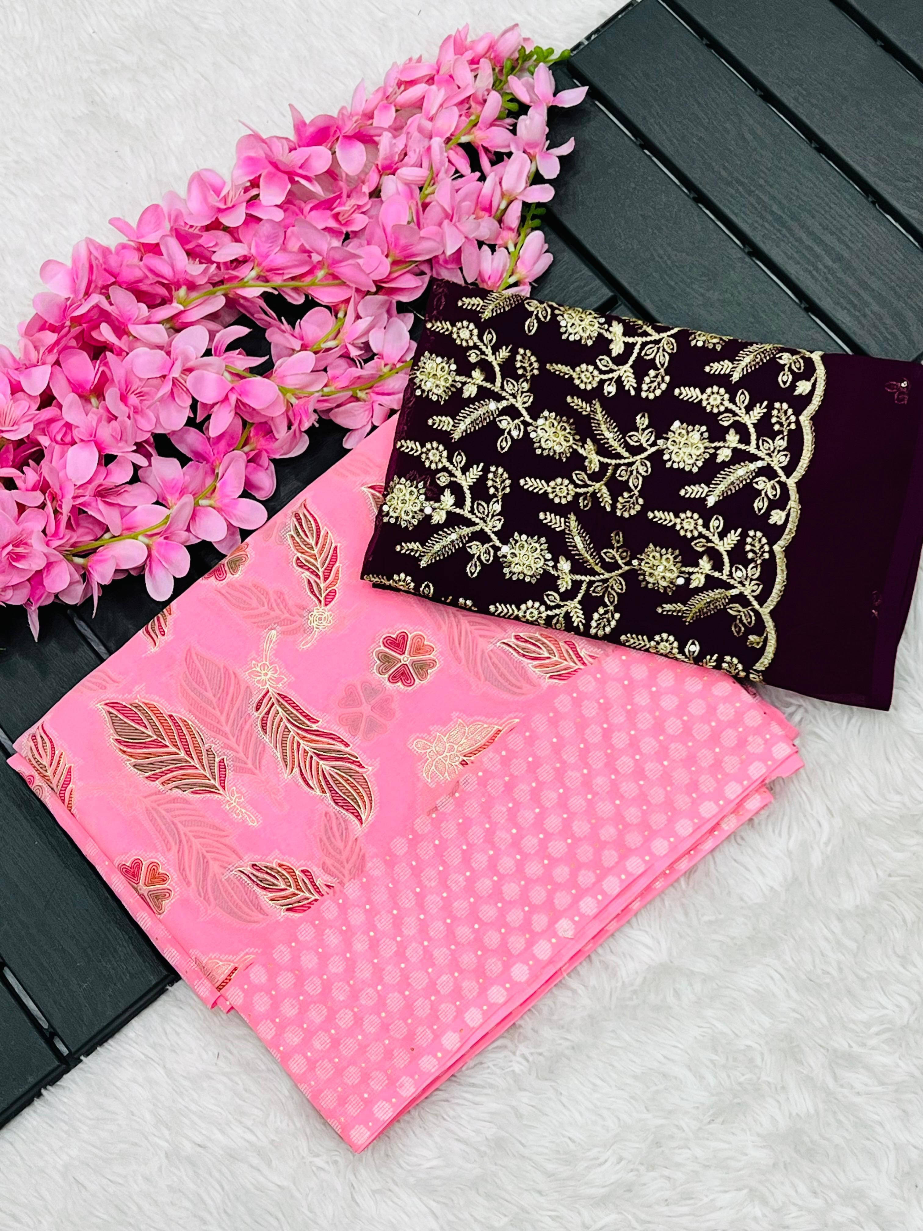 Sadika Georgette Embroidered Saree With Unstitched Blouse Piece ( Pink ) Sadika Georgette Embroidered Saree With Unstitched Blouse Piece ( Pink )