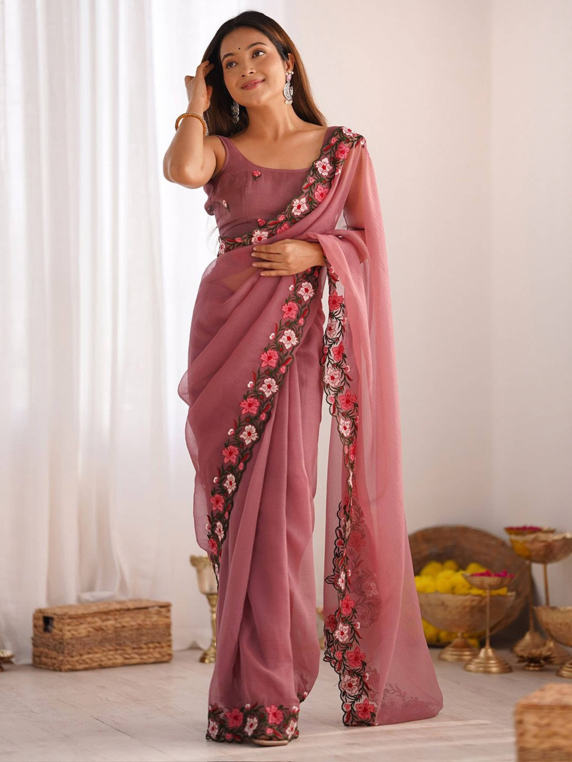 Sadika Georgette Embroidered Saree With Unstitched Blouse Piece ( Pink ) Sadika Georgette Embroidered Saree With Unstitched Blouse Piece ( Pink )