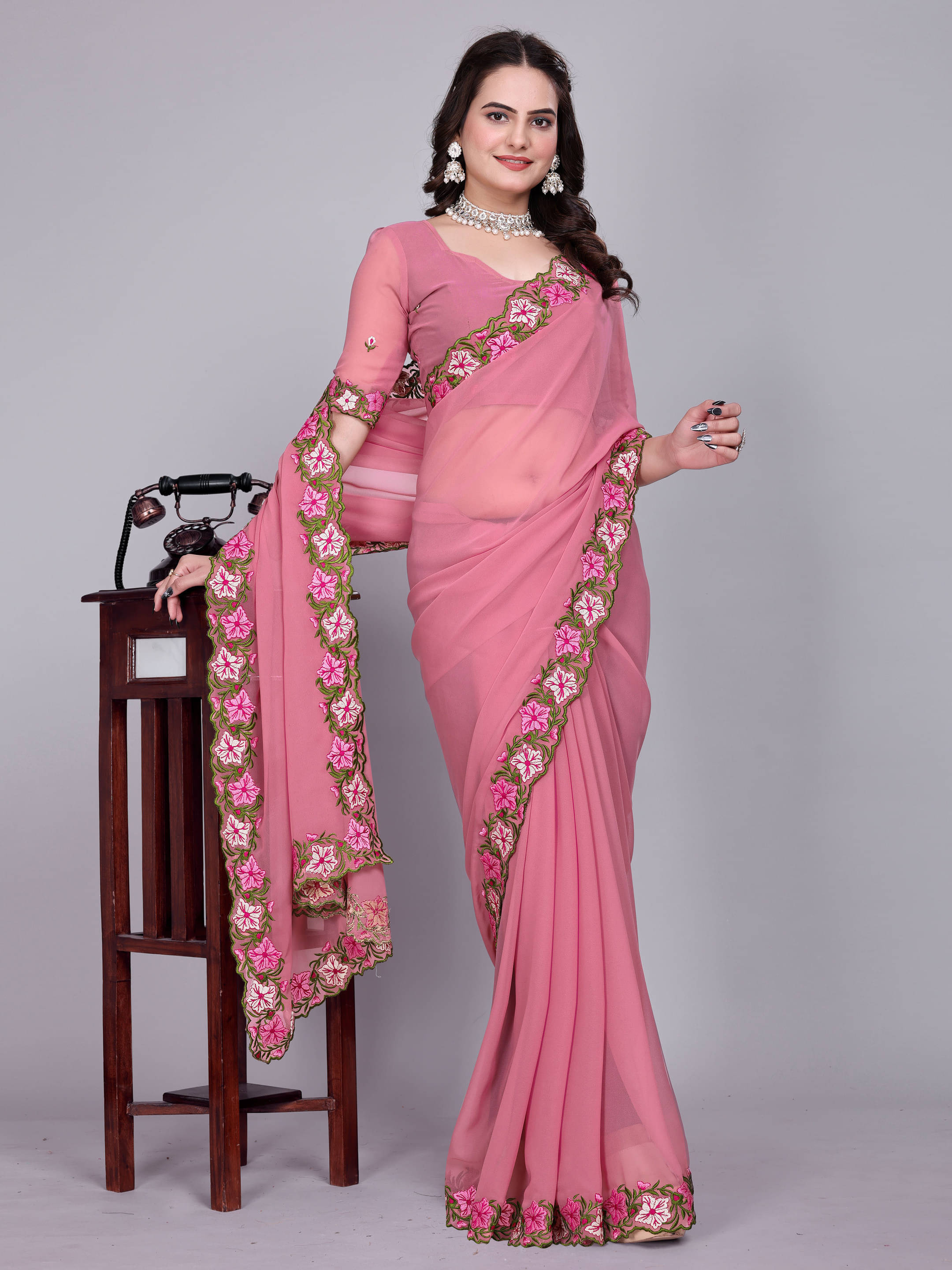 Sadika Georgette Embroidered Saree With Unstitched Blouse Piece ( Pink ) Sadika Georgette Embroidered Saree With Unstitched Blouse Piece ( Pink )