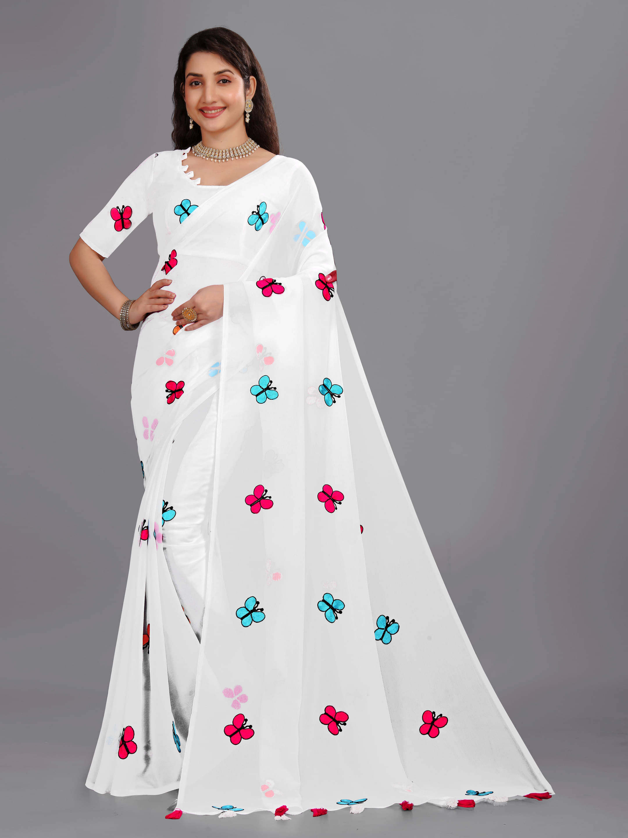     			Sadika Georgette Embroidered Saree With Unstitched Blouse Piece ( White )