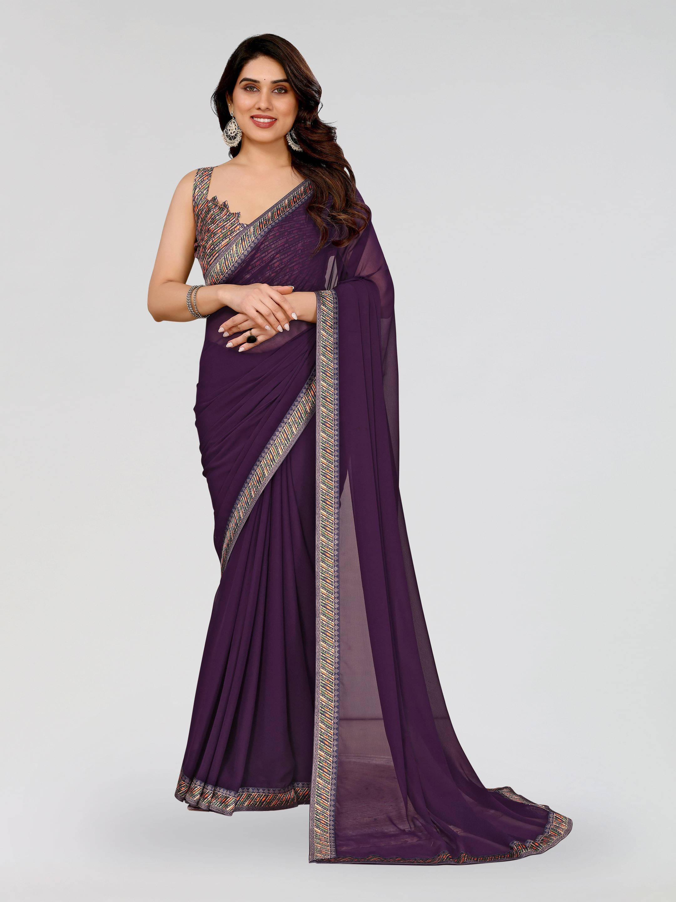 Sadika Georgette Printed Saree With Unstitched Blouse Piece ( Purple ) Sadika Georgette Printed Saree With Unstitched Blouse Piece ( Purple )