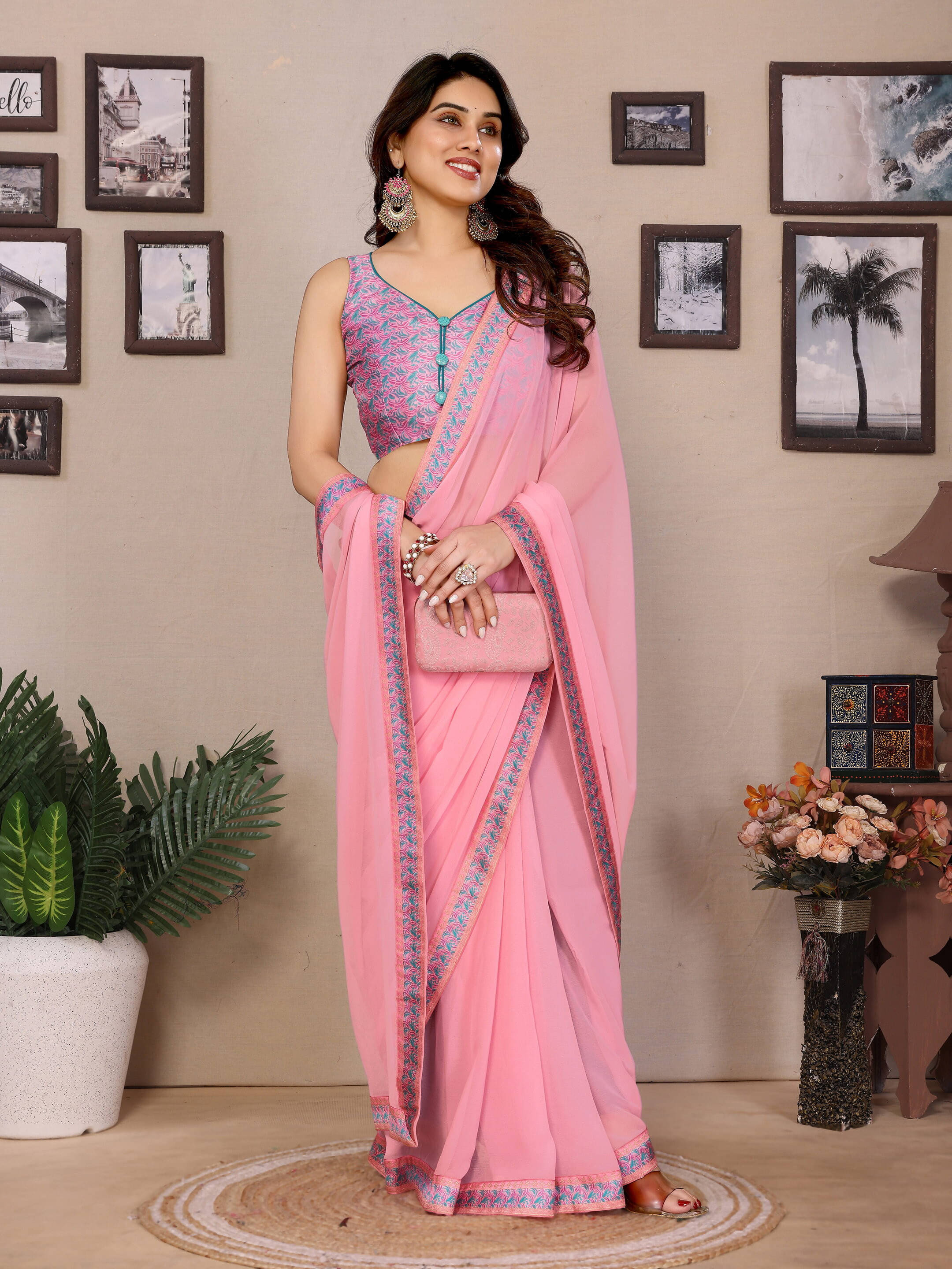 Sadika Georgette Printed Saree With Unstitched Blouse Piece ( Pink ) Sadika Georgette Printed Saree With Unstitched Blouse Piece ( Pink )