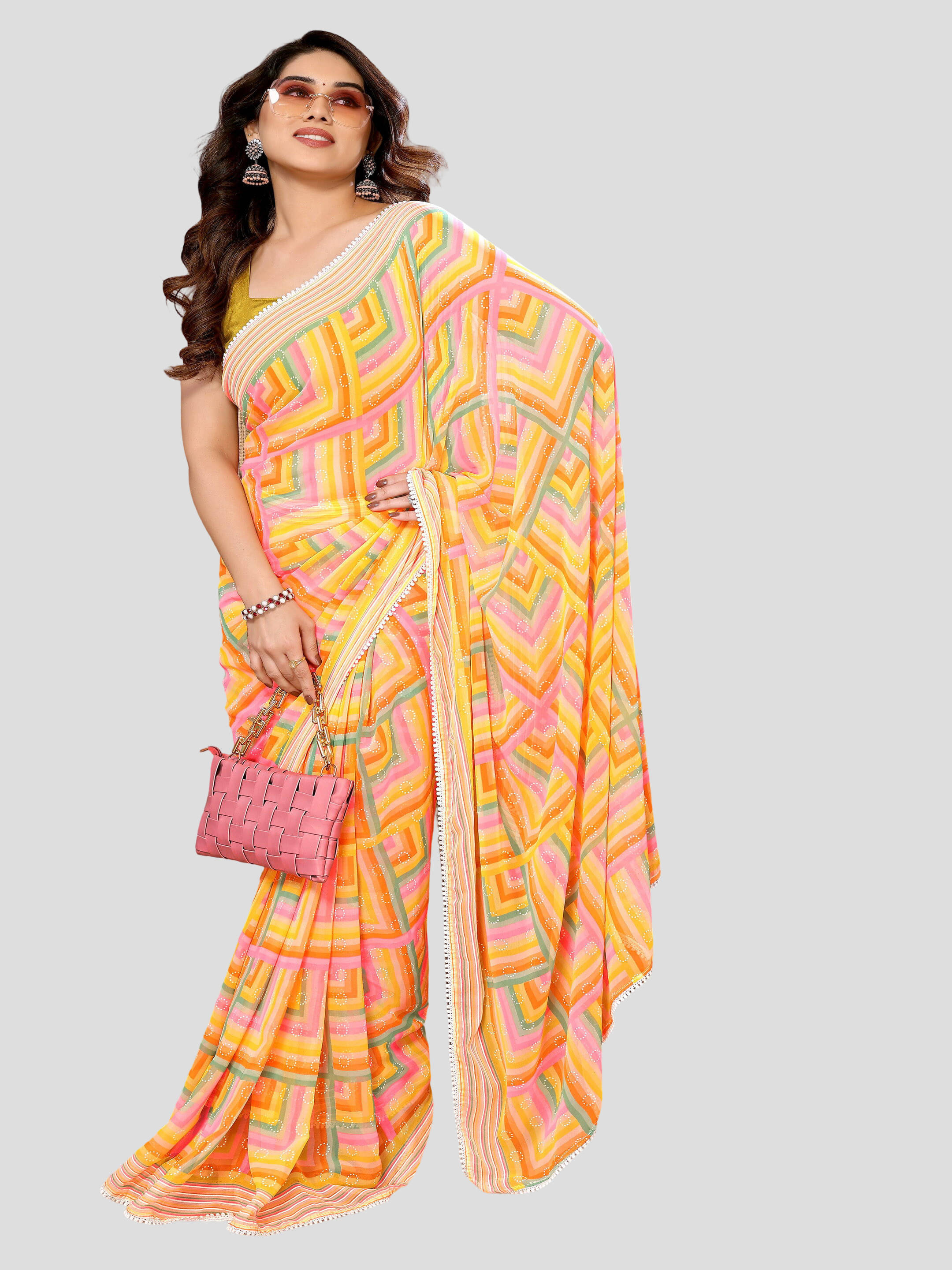     			Sadika Georgette Printed Saree With Unstitched Blouse Piece ( Yellow )