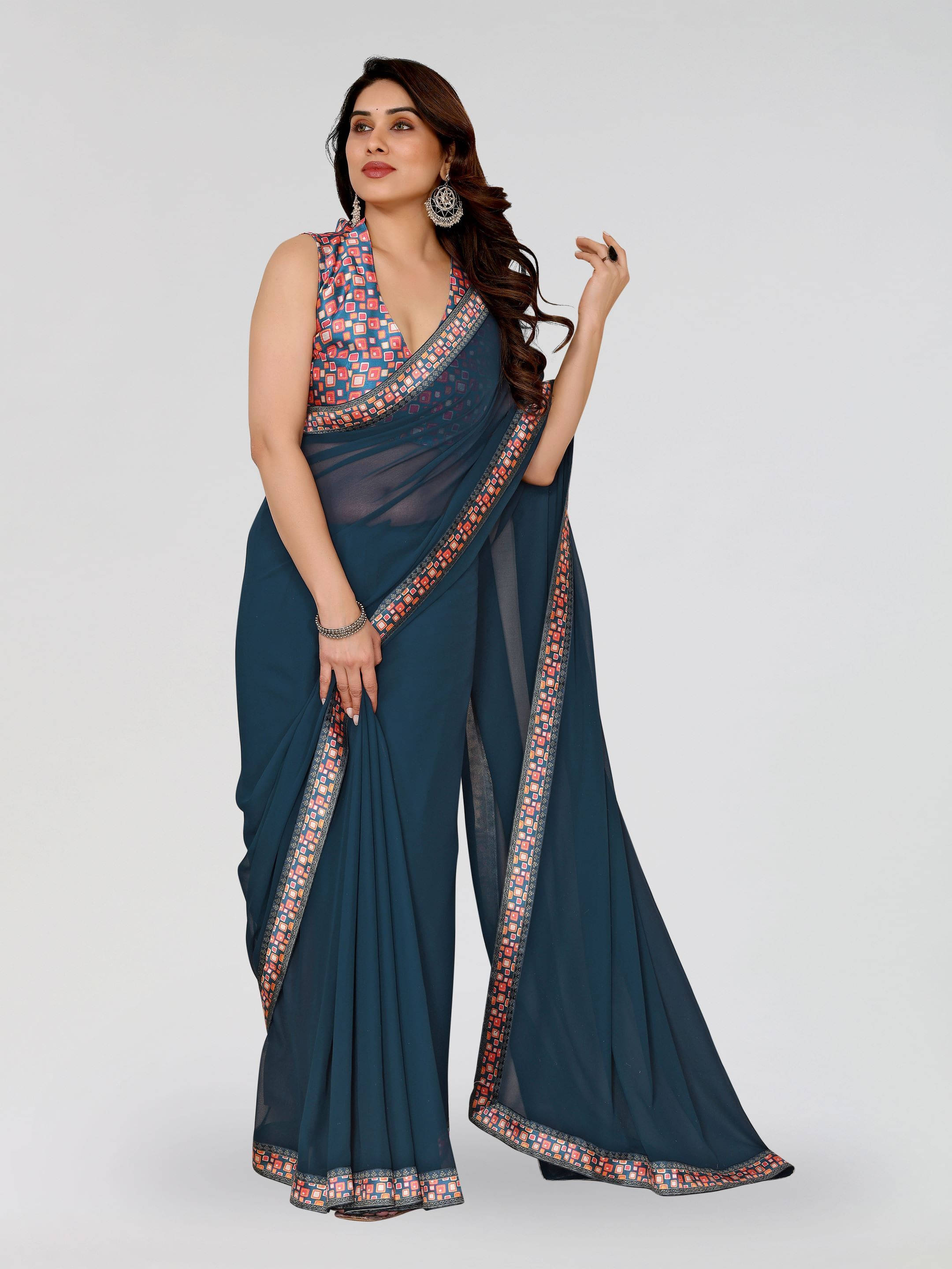 Sadika Georgette Printed Saree With Unstitched Blouse Piece ( Blue ) Sadika Georgette Printed Saree With Unstitched Blouse Piece ( Blue )