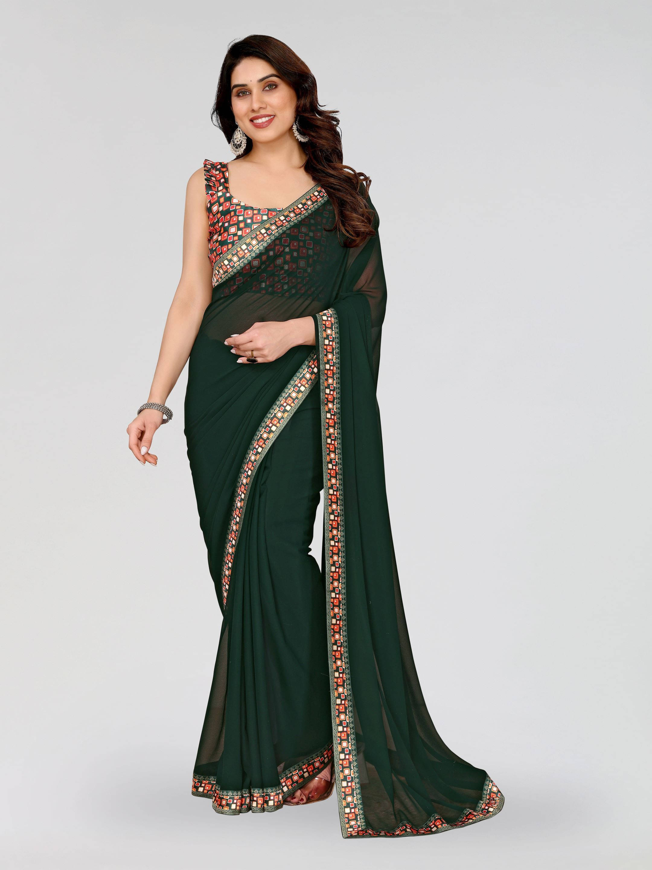 Sadika Georgette Printed Saree With Unstitched Blouse Piece ( Green ) Sadika Georgette Printed Saree With Unstitched Blouse Piece ( Green )