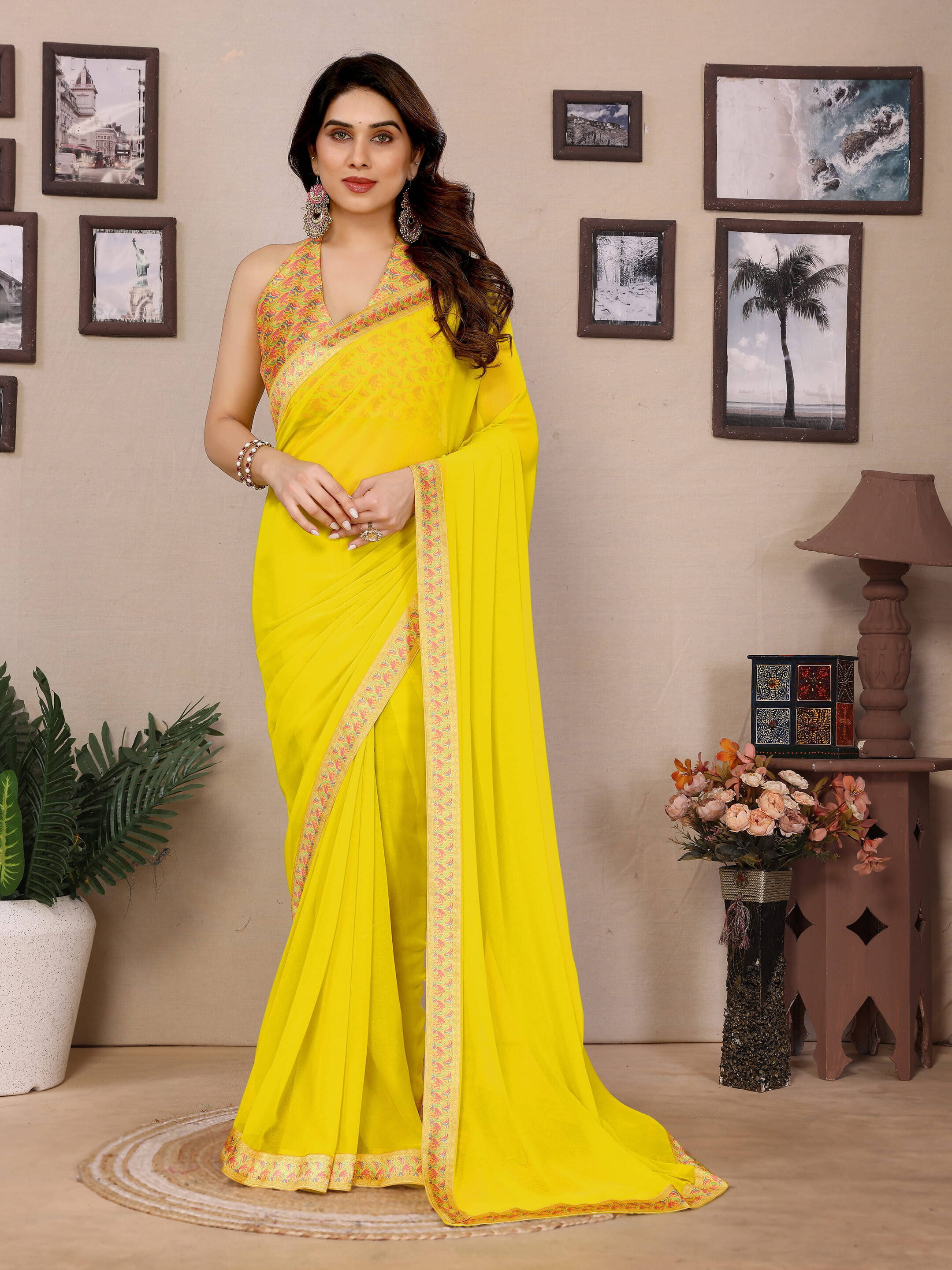 Sadika Georgette Printed Saree With Unstitched Blouse Piece ( Yellow ) Sadika Georgette Printed Saree With Unstitched Blouse Piece ( Yellow )