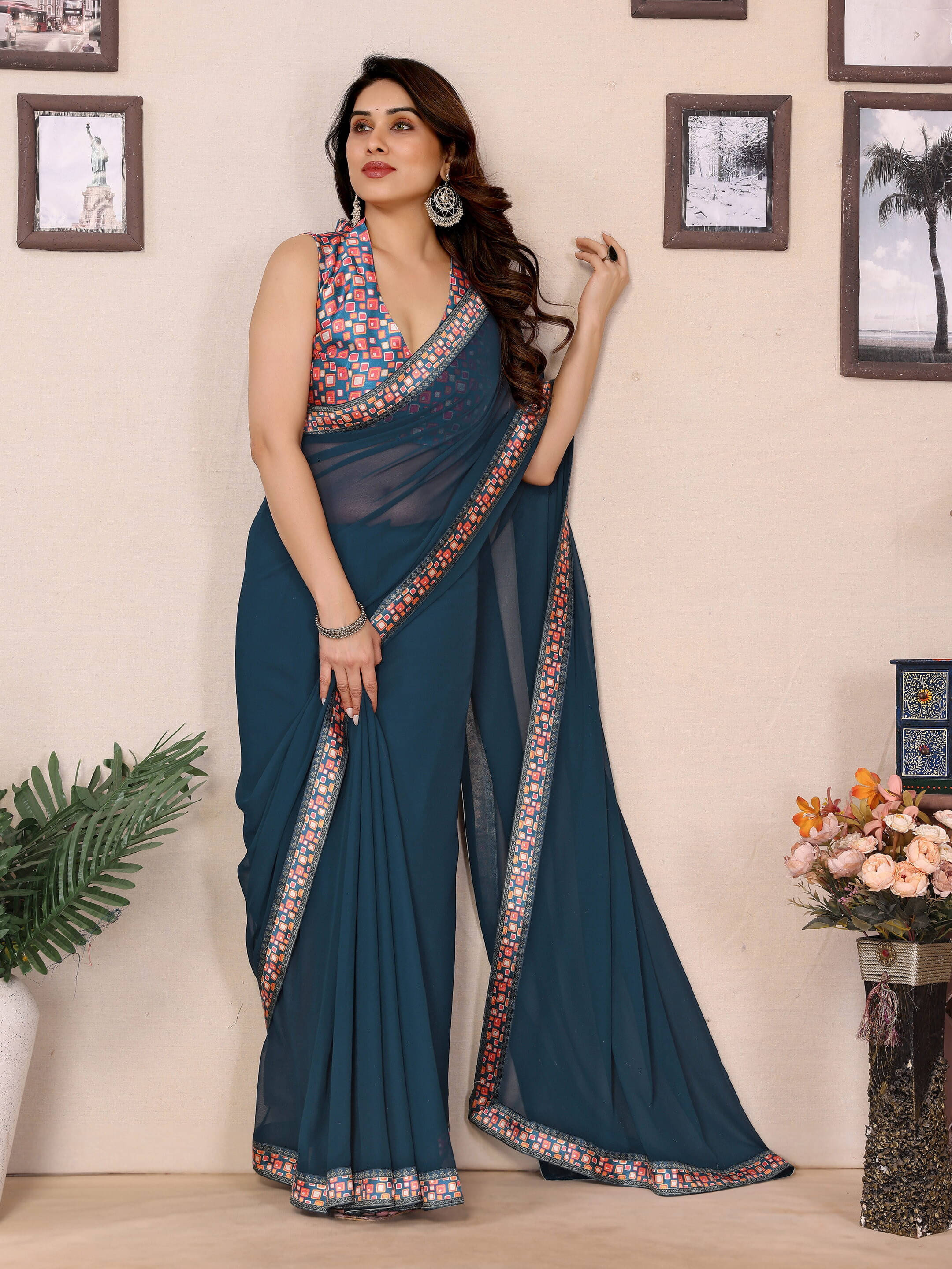     			Sadika Georgette Printed Saree With Unstitched Blouse Piece ( Blue )