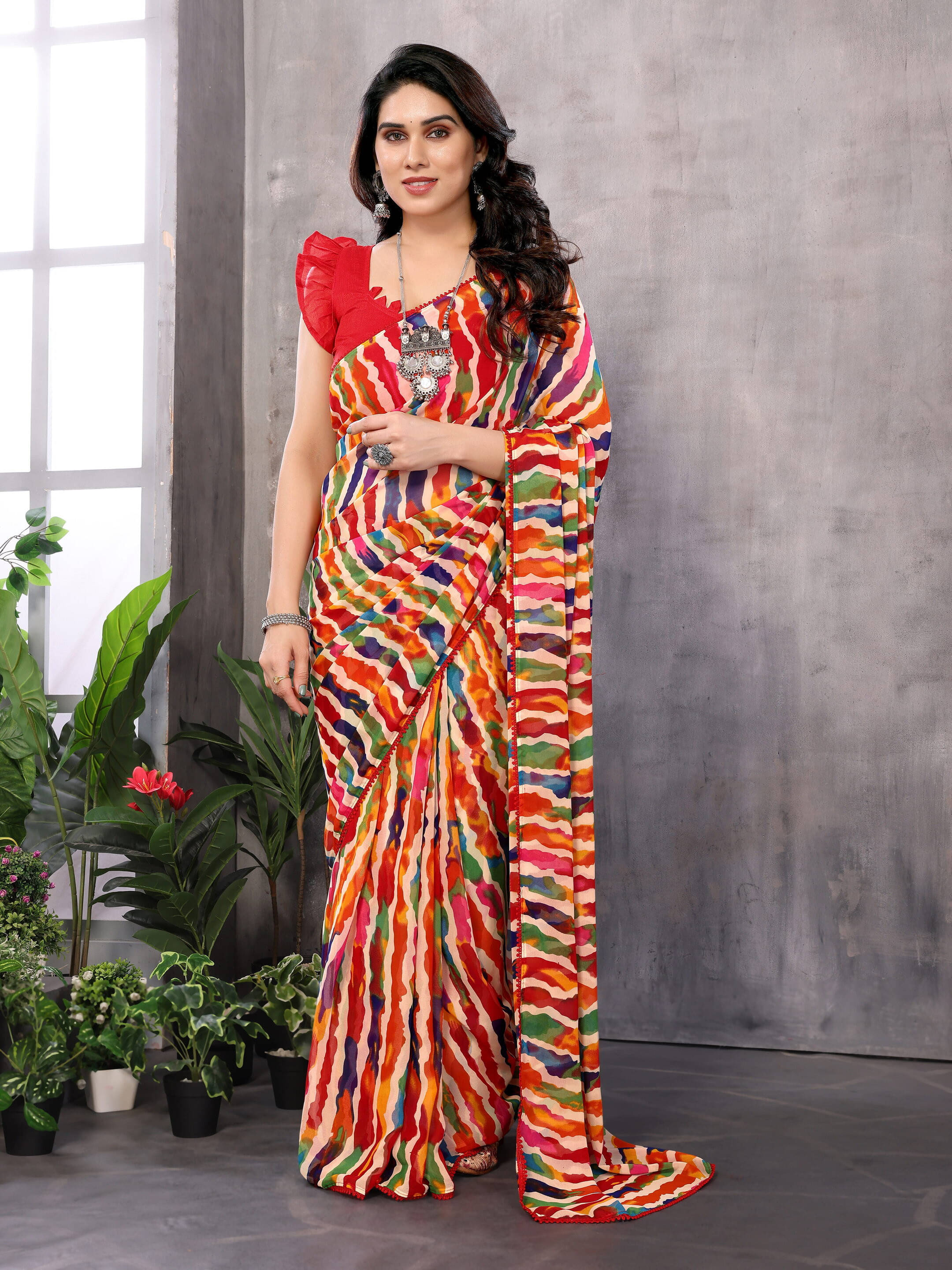     			Sadika Georgette Printed Saree With Unstitched Blouse Piece ( Multicolor )