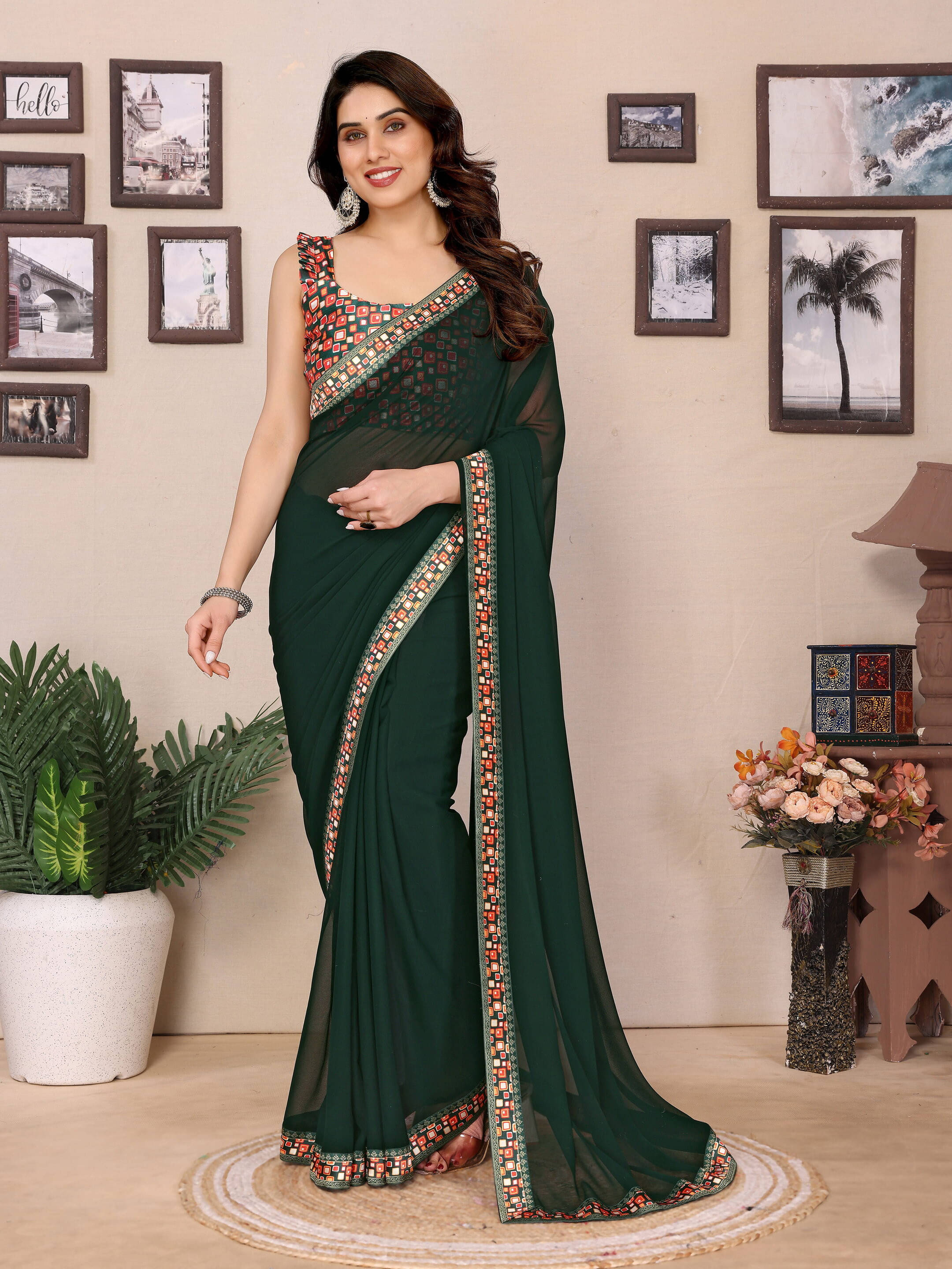     			Sadika Georgette Printed Saree With Unstitched Blouse Piece ( Green )