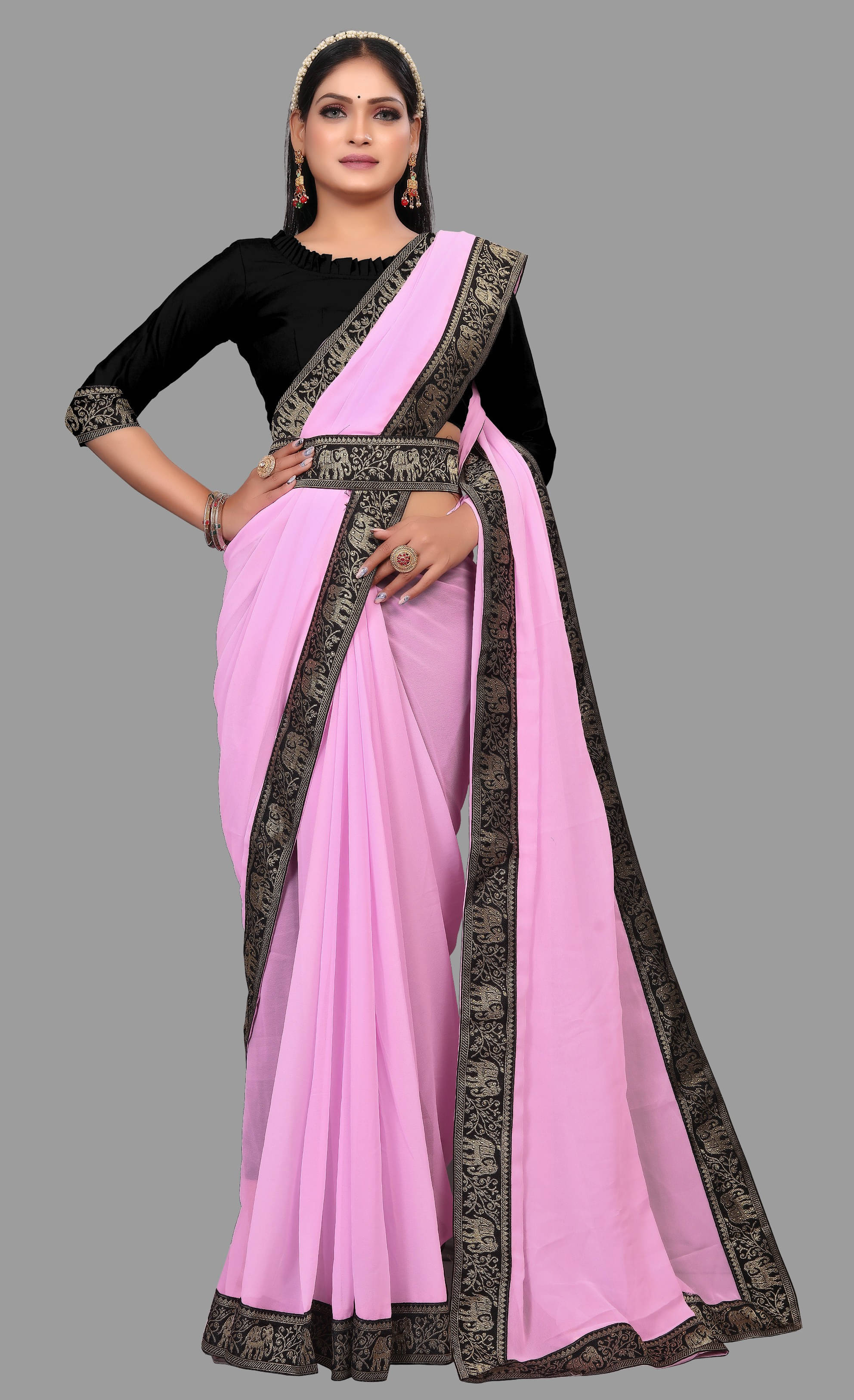     			Sadika Georgette Self Design Saree With Unstitched Blouse Piece ( Pink )