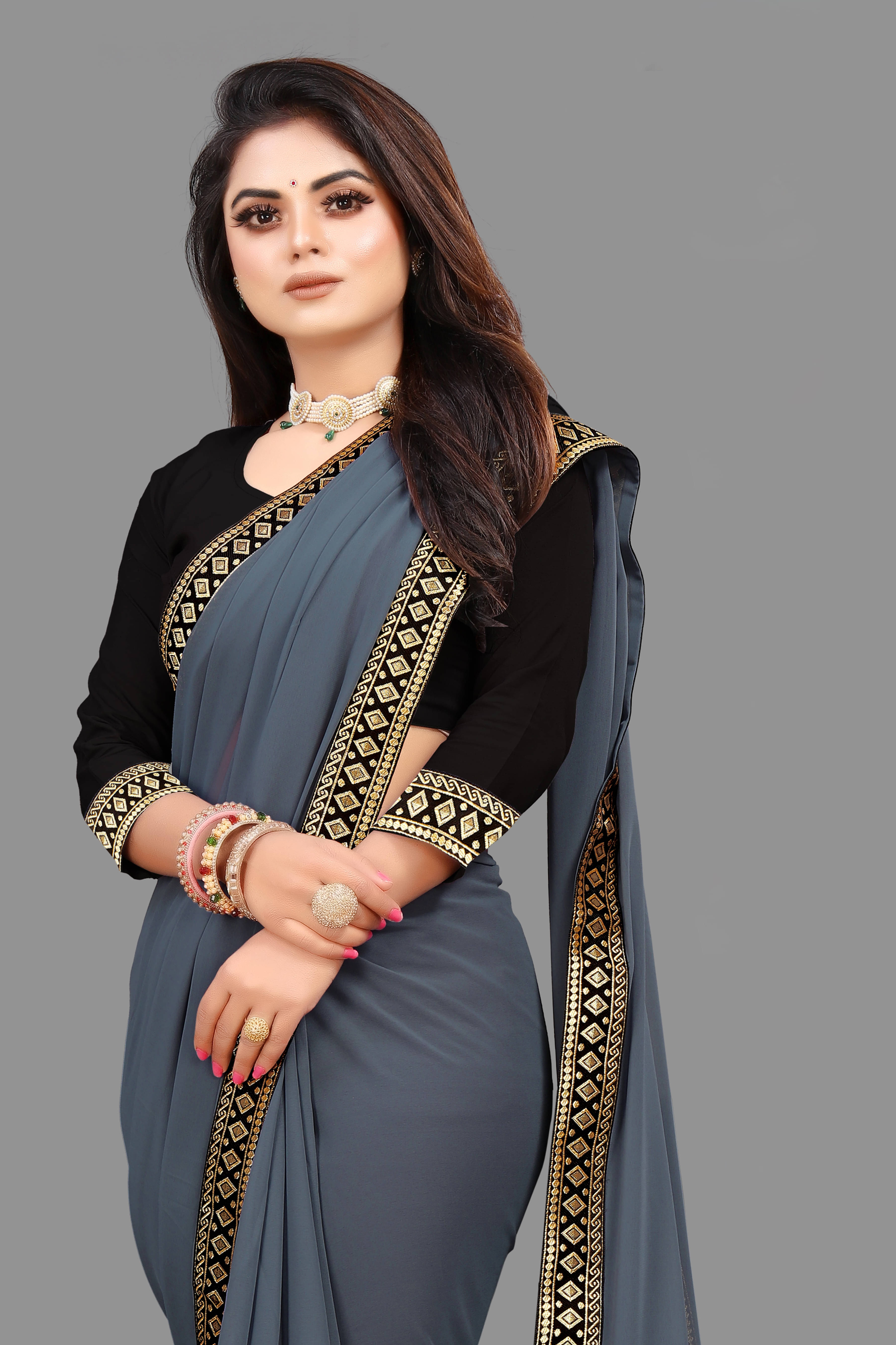 Sadika Georgette Solid Saree With Unstitched Blouse Piece ( Grey ) Sadika Georgette Solid Saree With Unstitched Blouse Piece ( Grey )