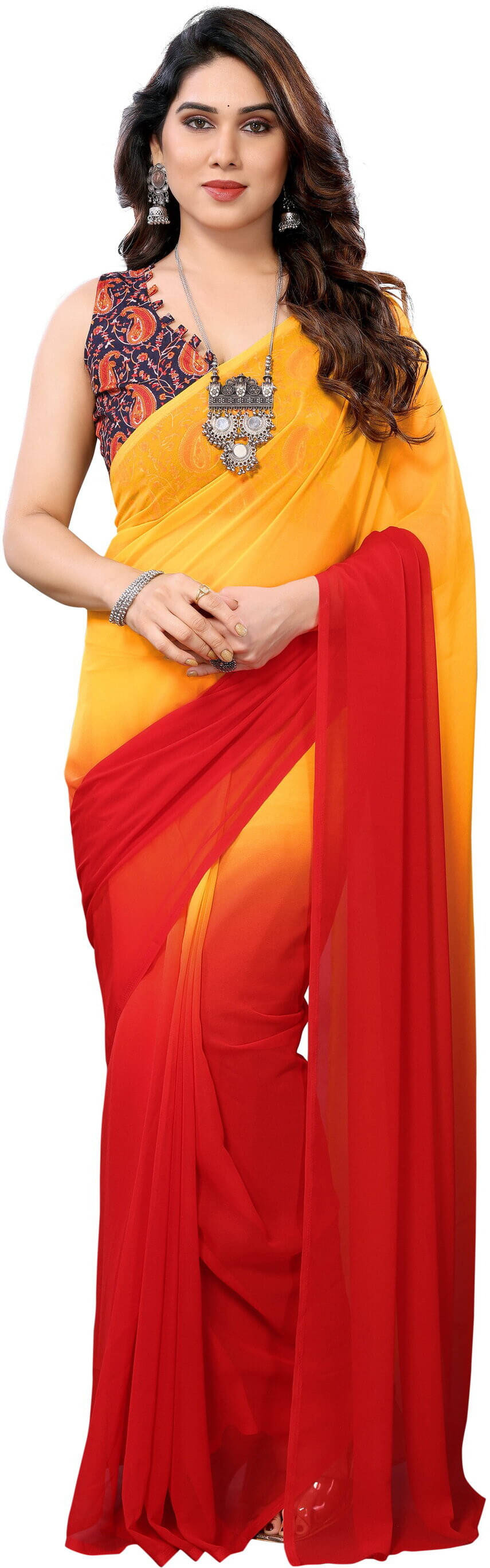     			Sadika Georgette Solid Saree With Unstitched Blouse Piece ( Red )