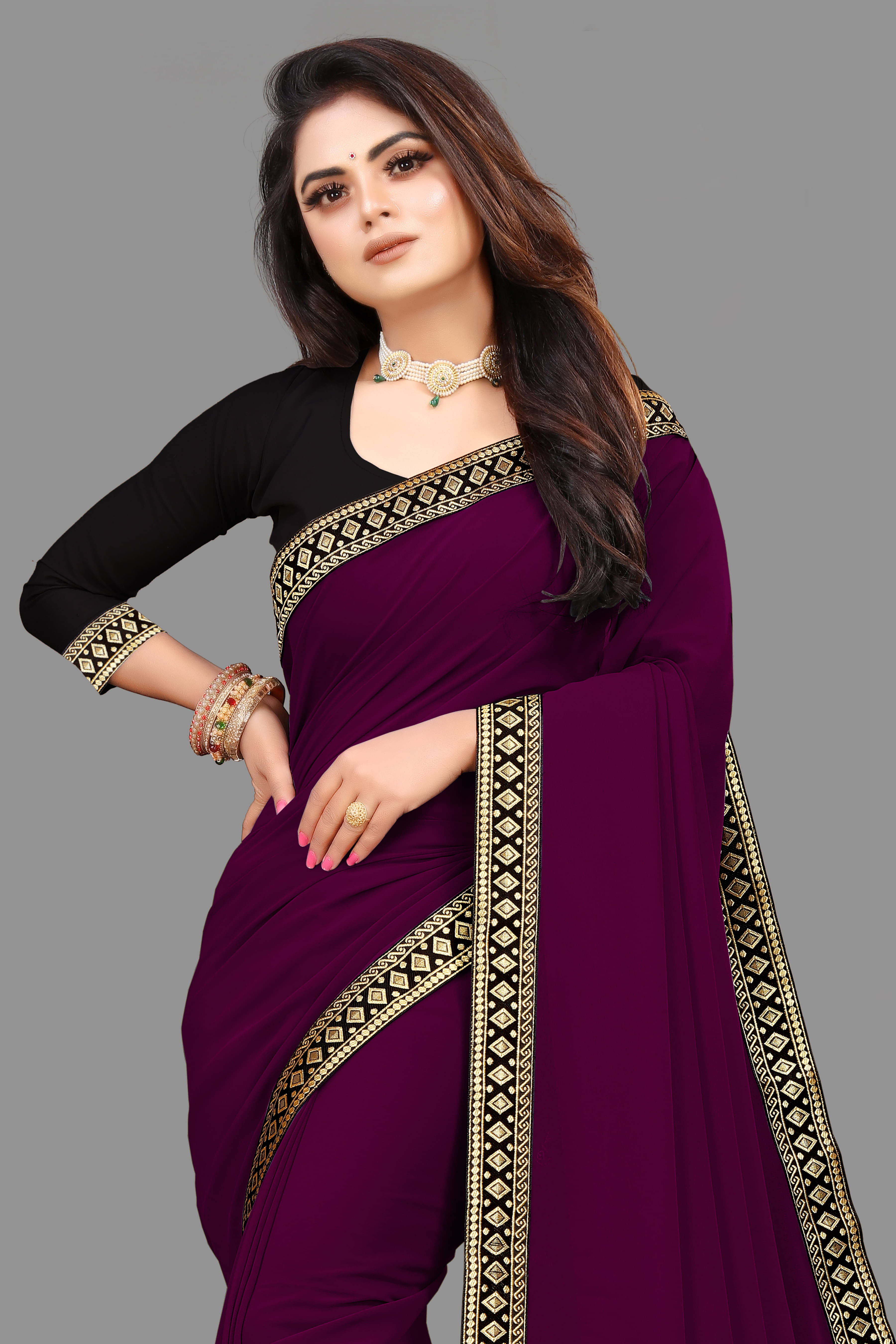 Sadika Georgette Solid Saree With Unstitched Blouse Piece ( Purple ) Sadika Georgette Solid Saree With Unstitched Blouse Piece ( Purple )