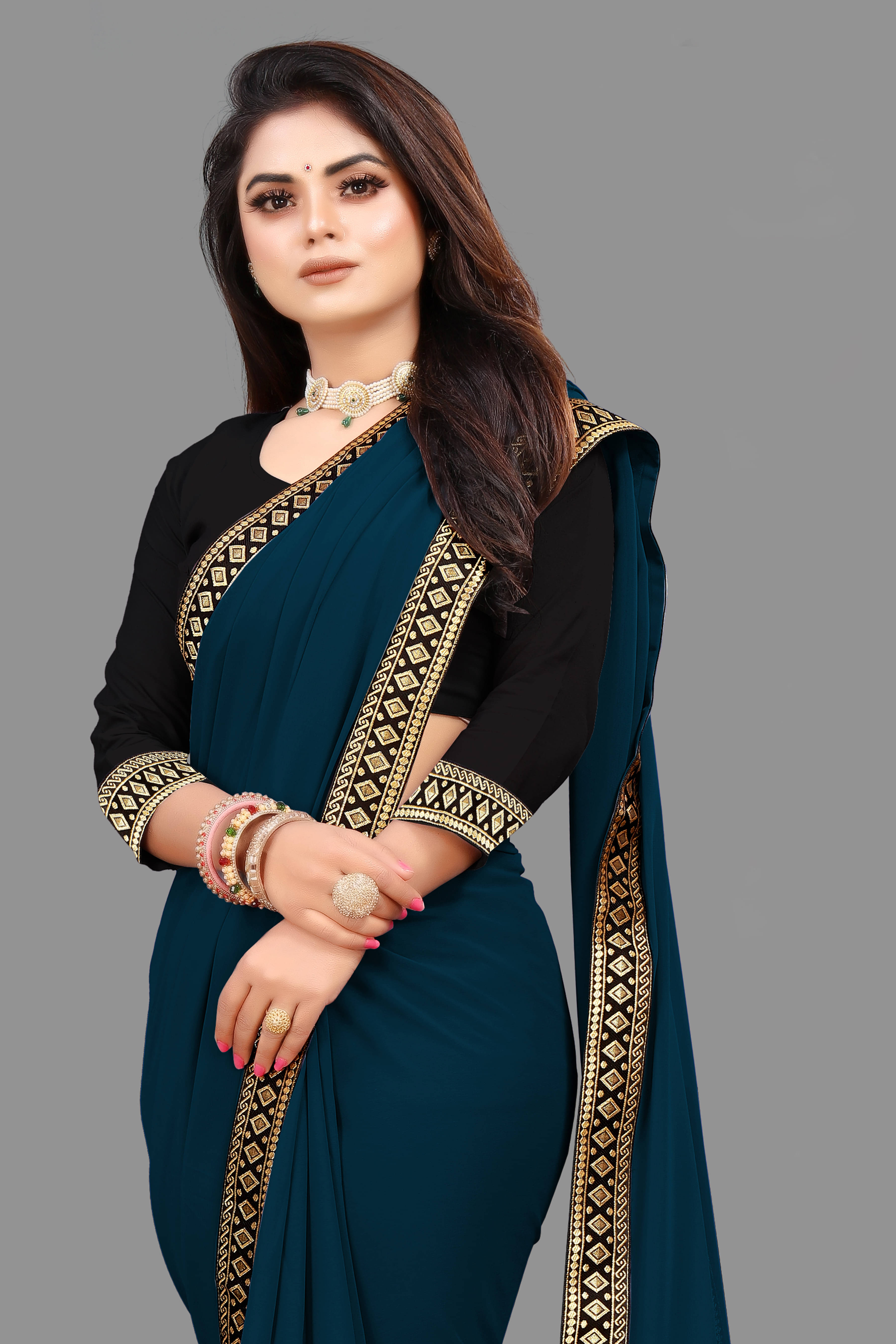 Sadika Georgette Solid Saree With Unstitched Blouse Piece ( Blue ) Sadika Georgette Solid Saree With Unstitched Blouse Piece ( Blue )