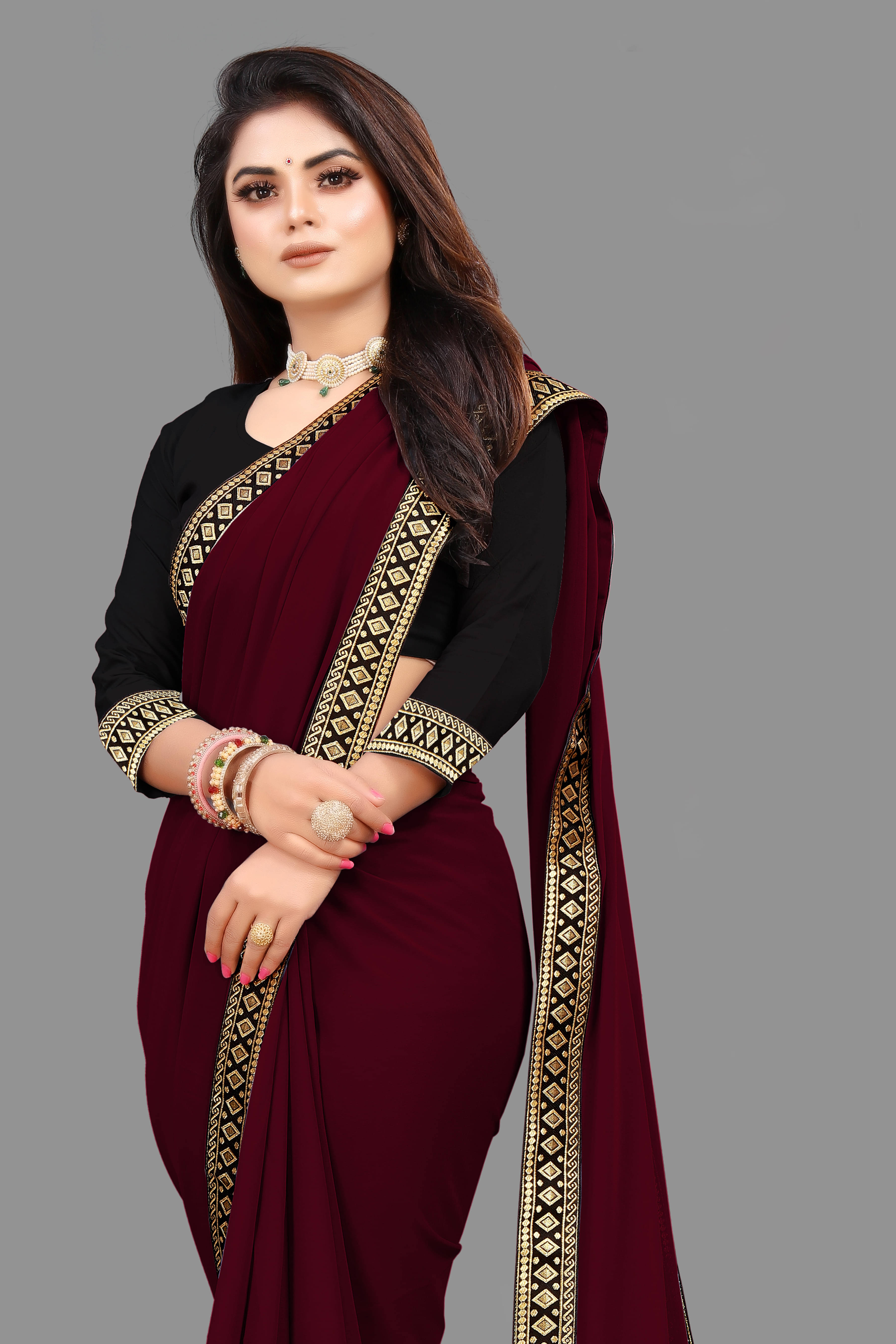 Sadika Georgette Solid Saree With Unstitched Blouse Piece ( Maroon ) Sadika Georgette Solid Saree With Unstitched Blouse Piece ( Maroon )