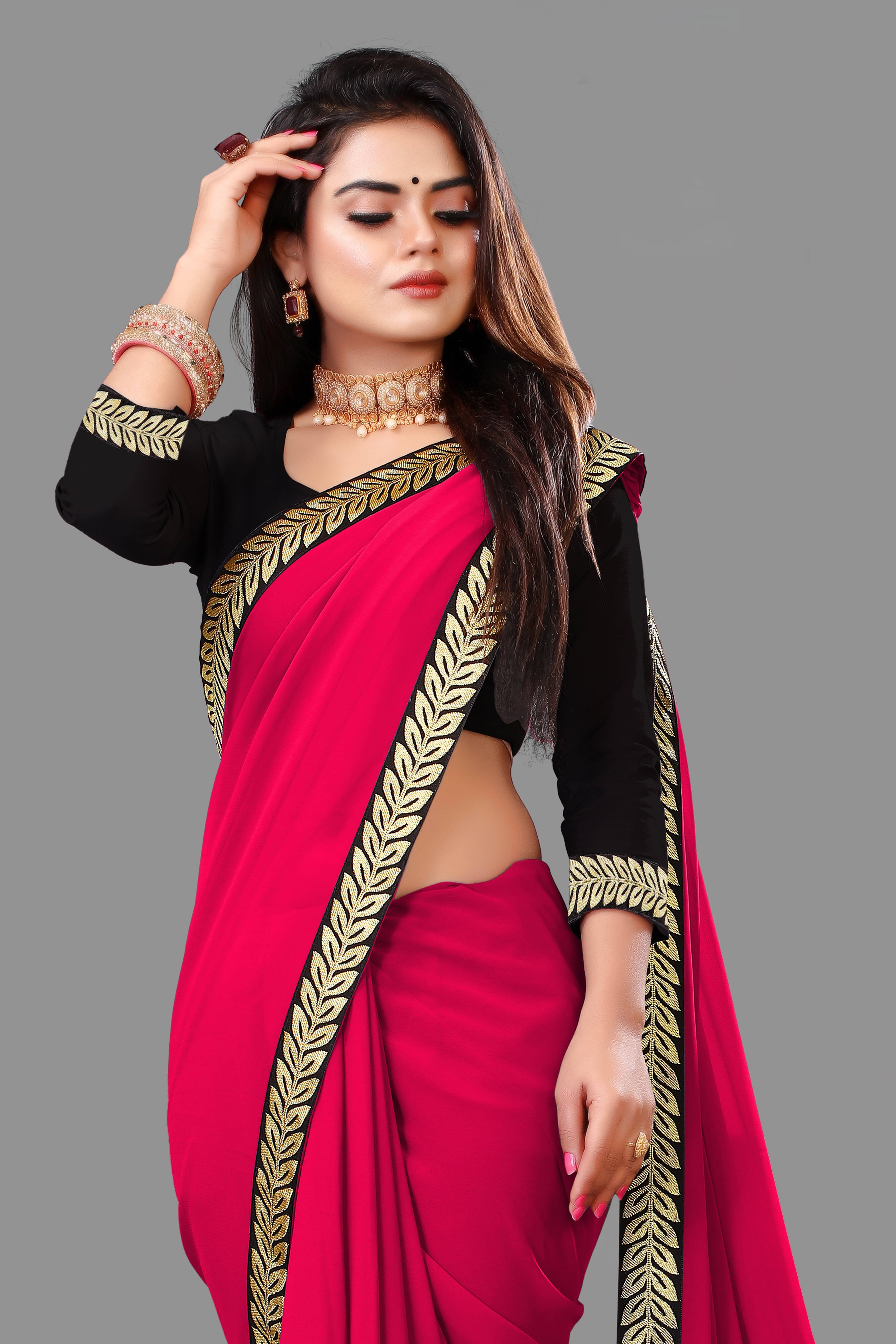 Sadika Georgette Solid Saree With Unstitched Blouse Piece ( Pink ) Sadika Georgette Solid Saree With Unstitched Blouse Piece ( Pink )