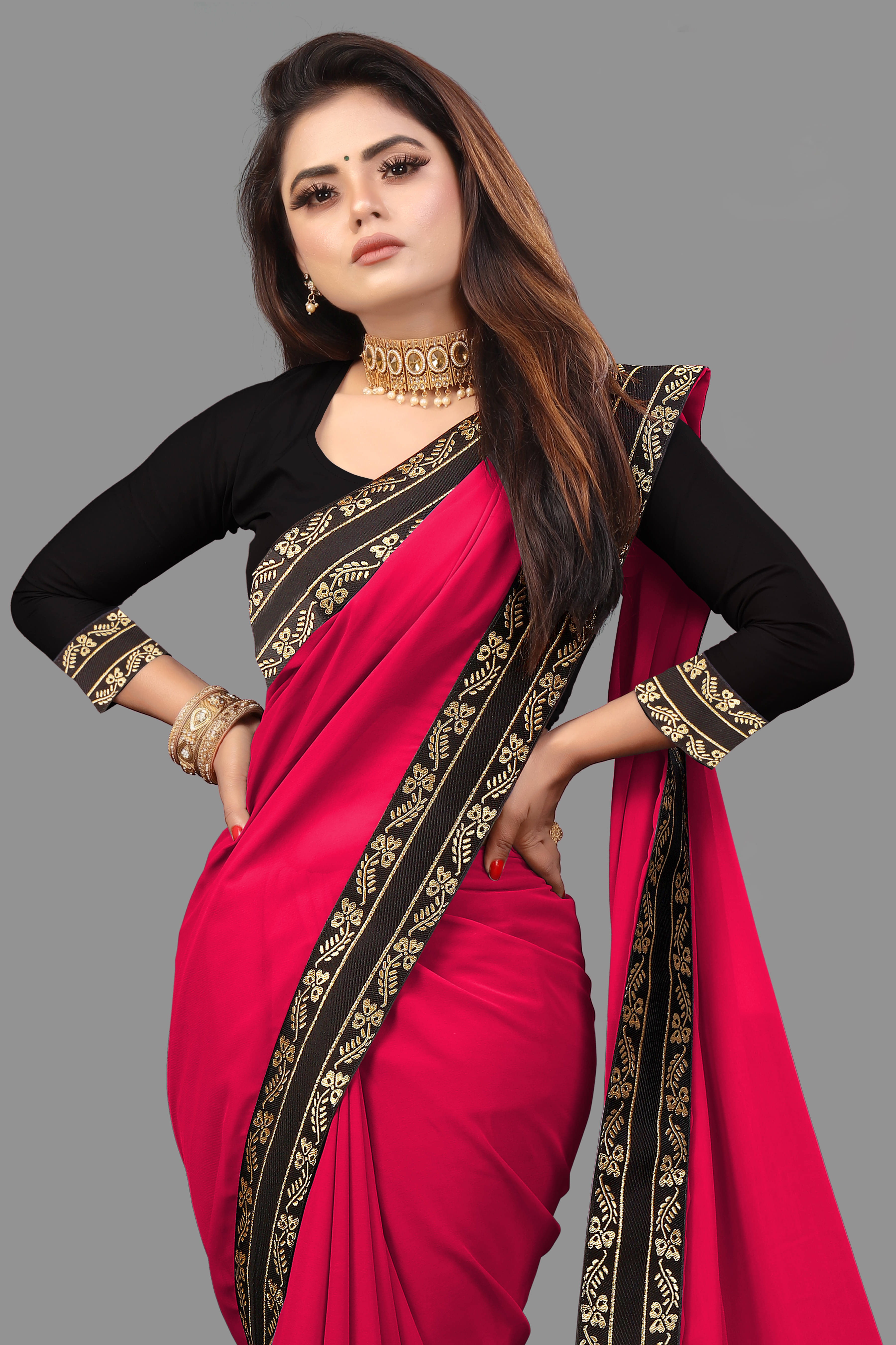 Sadika Georgette Solid Saree With Unstitched Blouse Piece ( Pink ) Sadika Georgette Solid Saree With Unstitched Blouse Piece ( Pink )