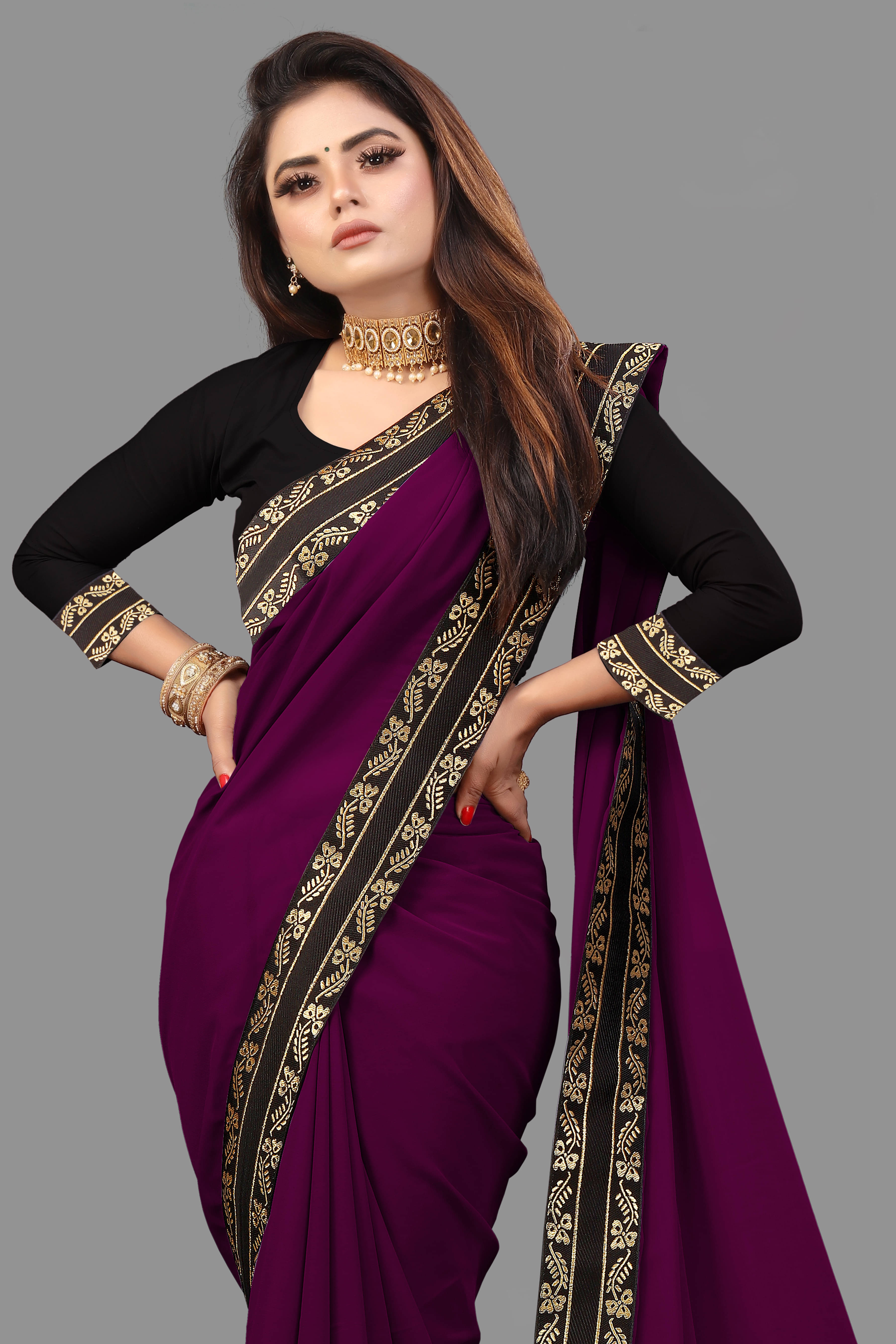     			Sadika Georgette Solid Saree With Unstitched Blouse Piece ( Purple )