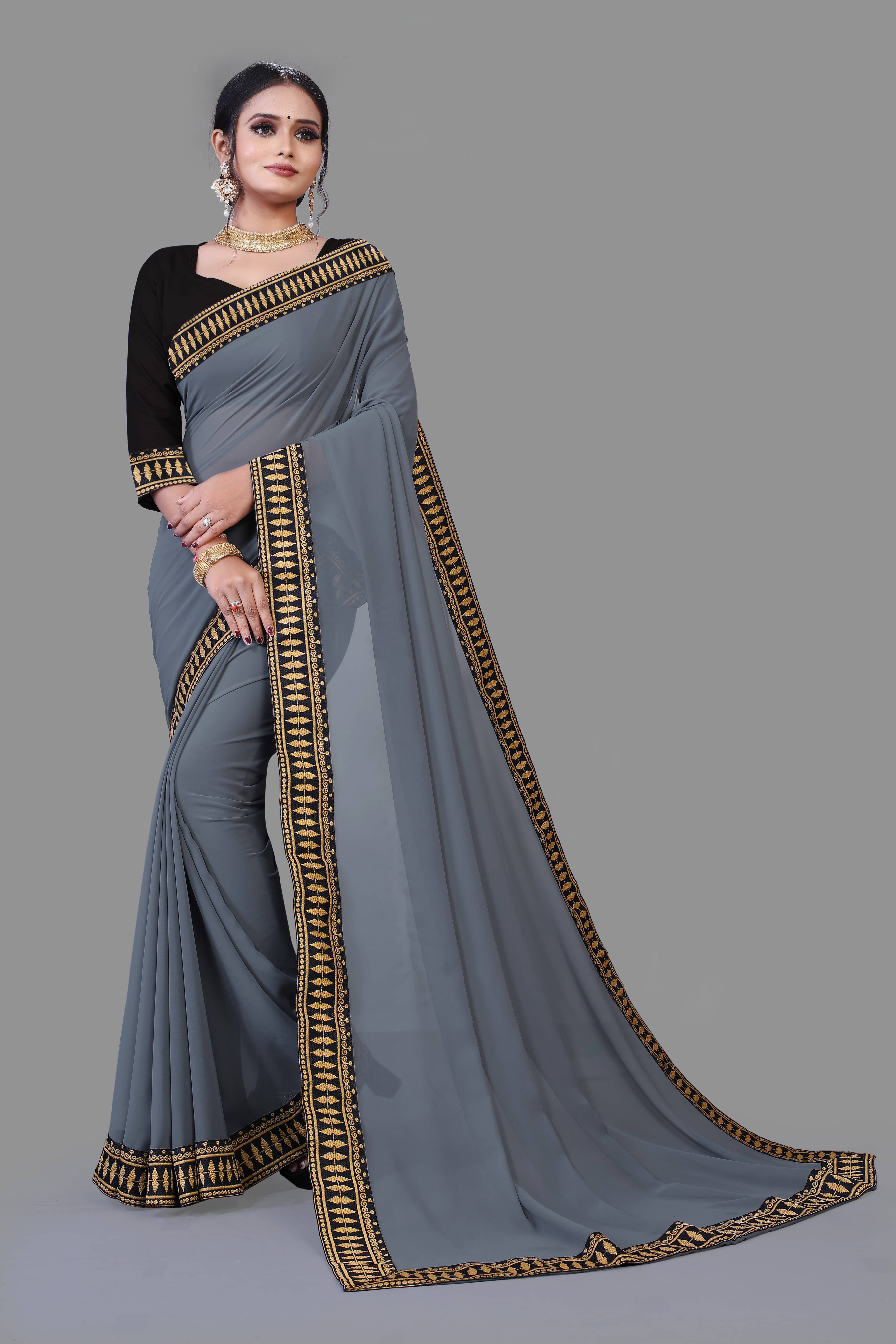     			Sadika Georgette Solid Saree With Unstitched Blouse Piece ( Grey )