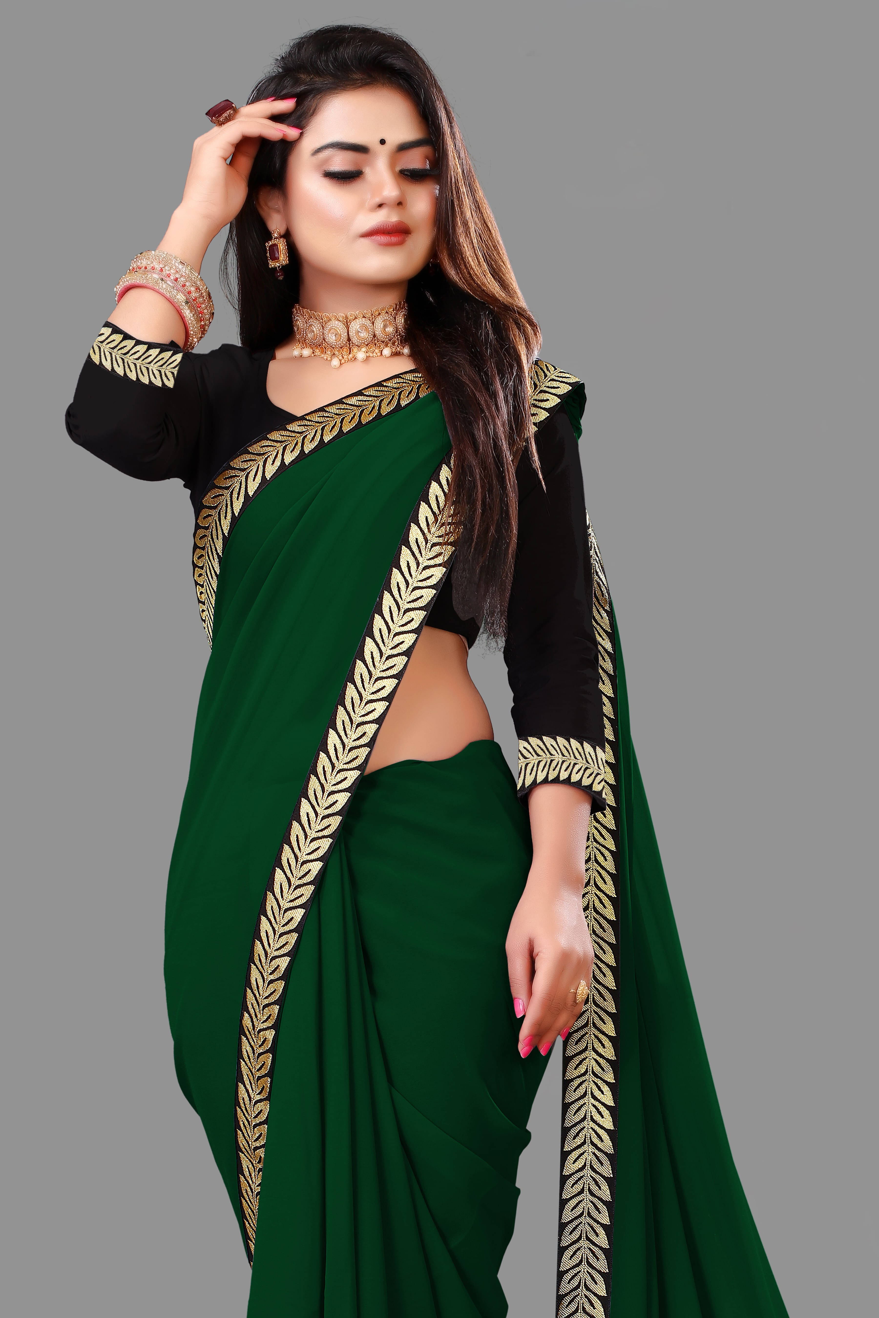    			Sadika Georgette Solid Saree With Unstitched Blouse Piece ( Green )