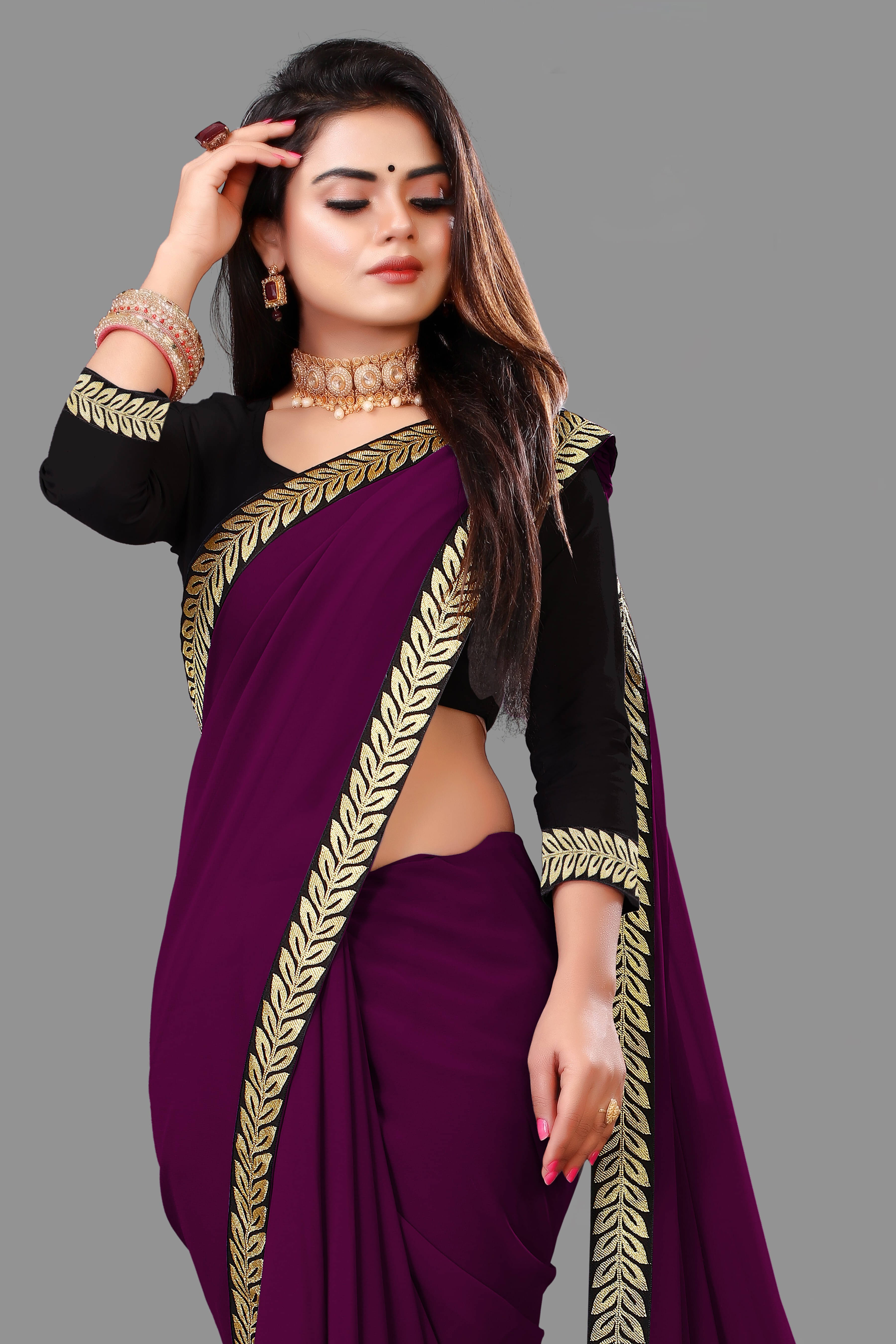 Sadika Georgette Solid Saree With Unstitched Blouse Piece ( Purple ) Sadika Georgette Solid Saree With Unstitched Blouse Piece ( Purple )