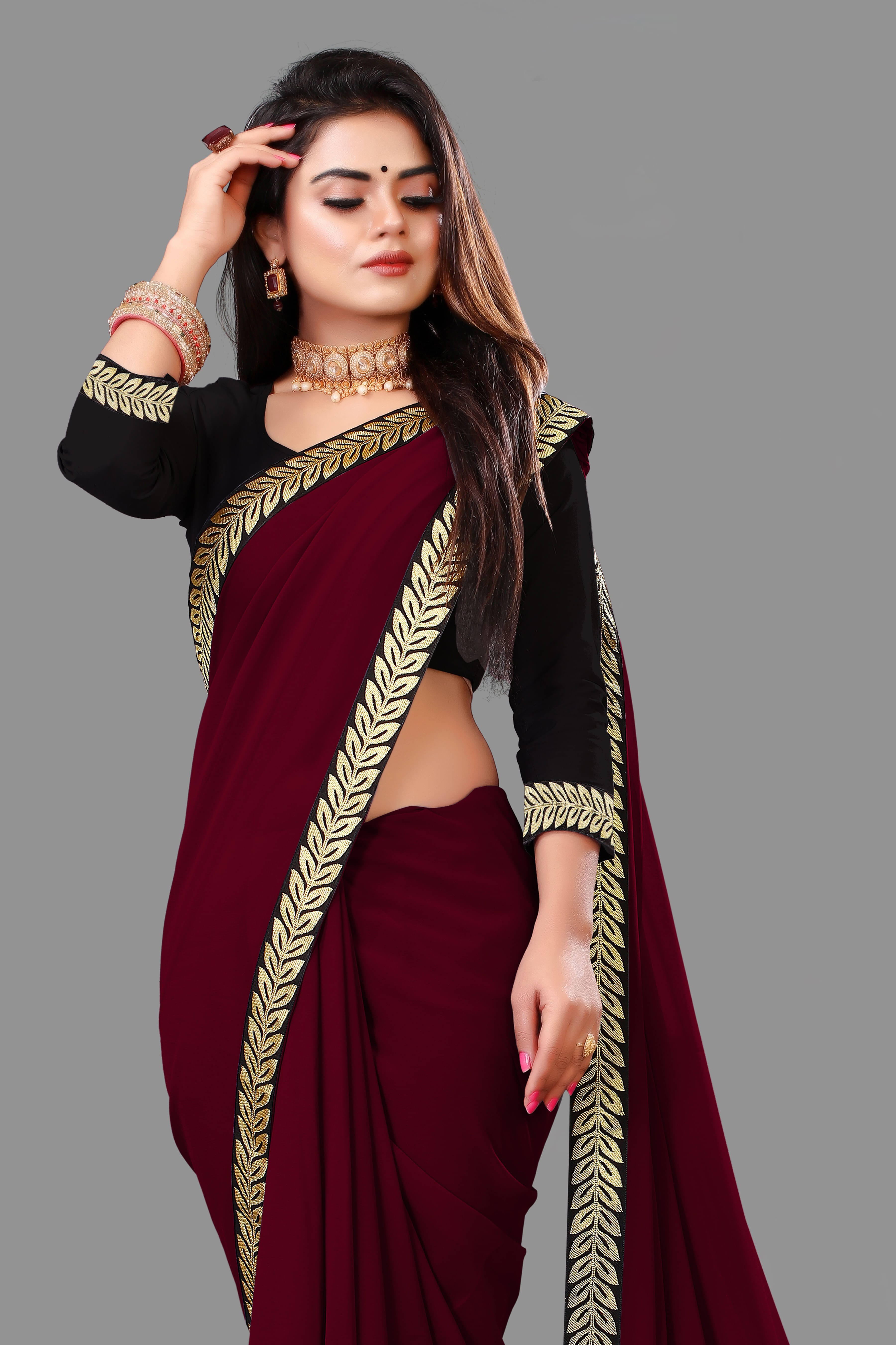     			Sadika Georgette Solid Saree With Unstitched Blouse Piece ( Maroon )