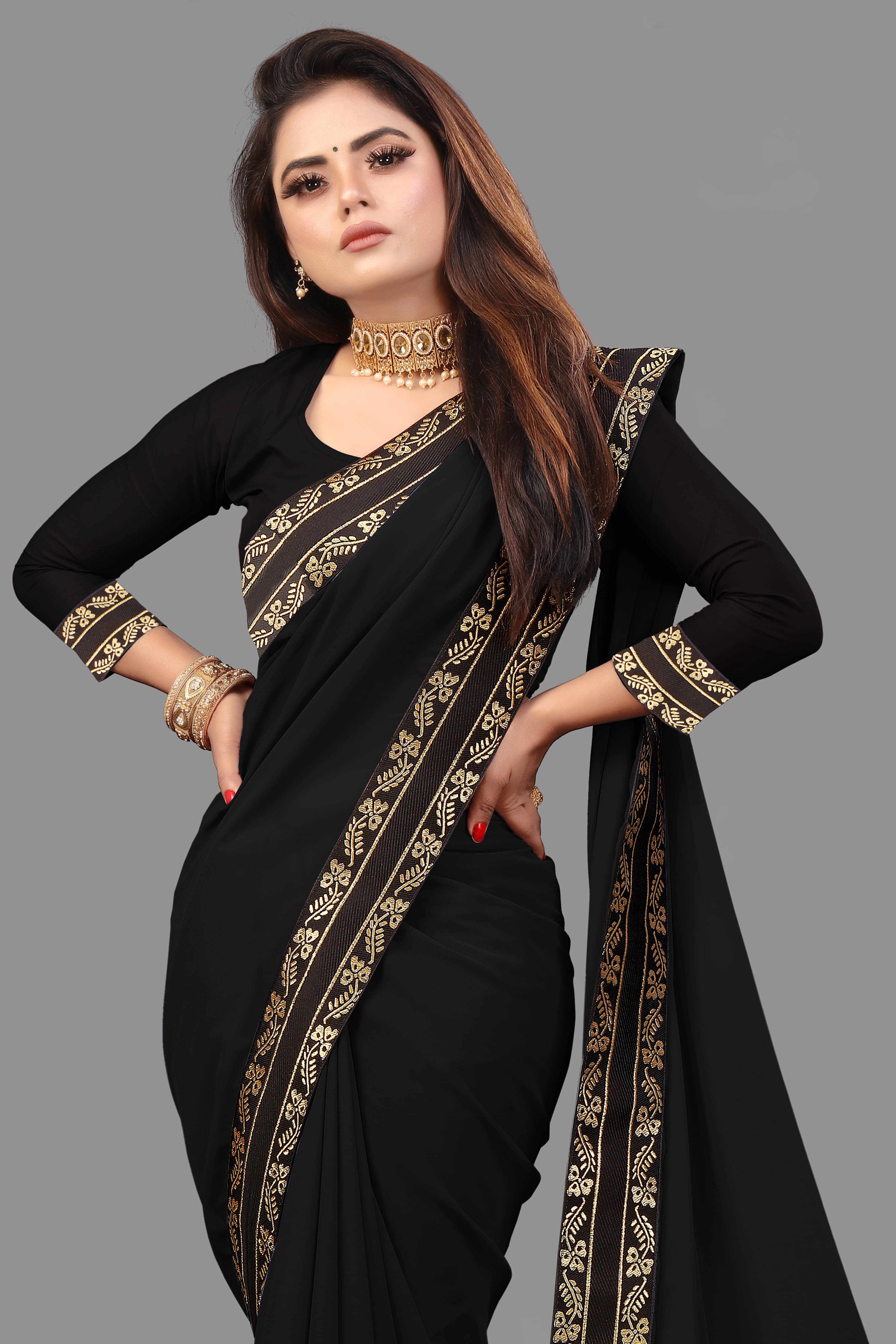     			Sadika Georgette Solid Saree With Unstitched Blouse Piece ( Black )
