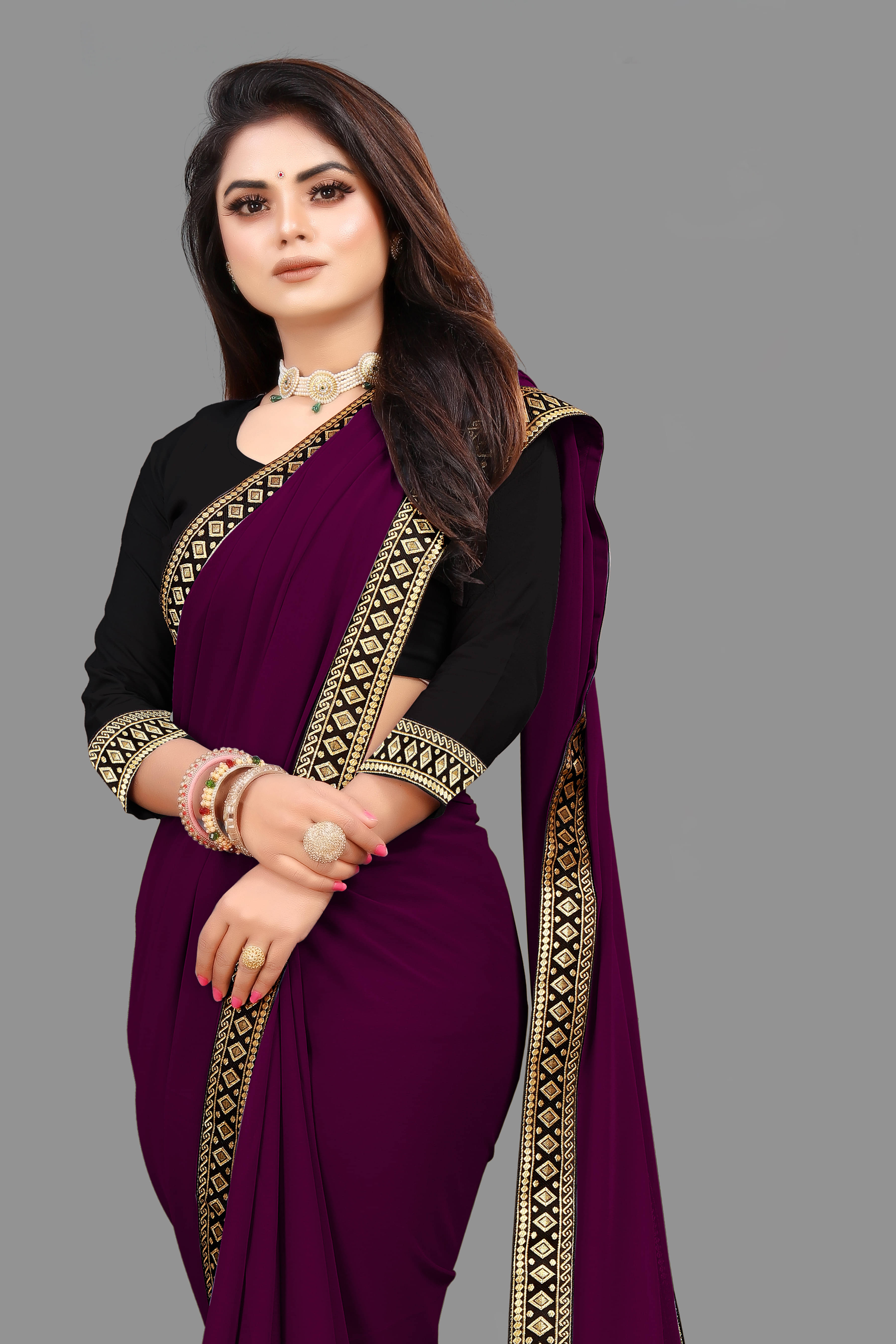     			Sadika Georgette Solid Saree With Unstitched Blouse Piece ( Purple )
