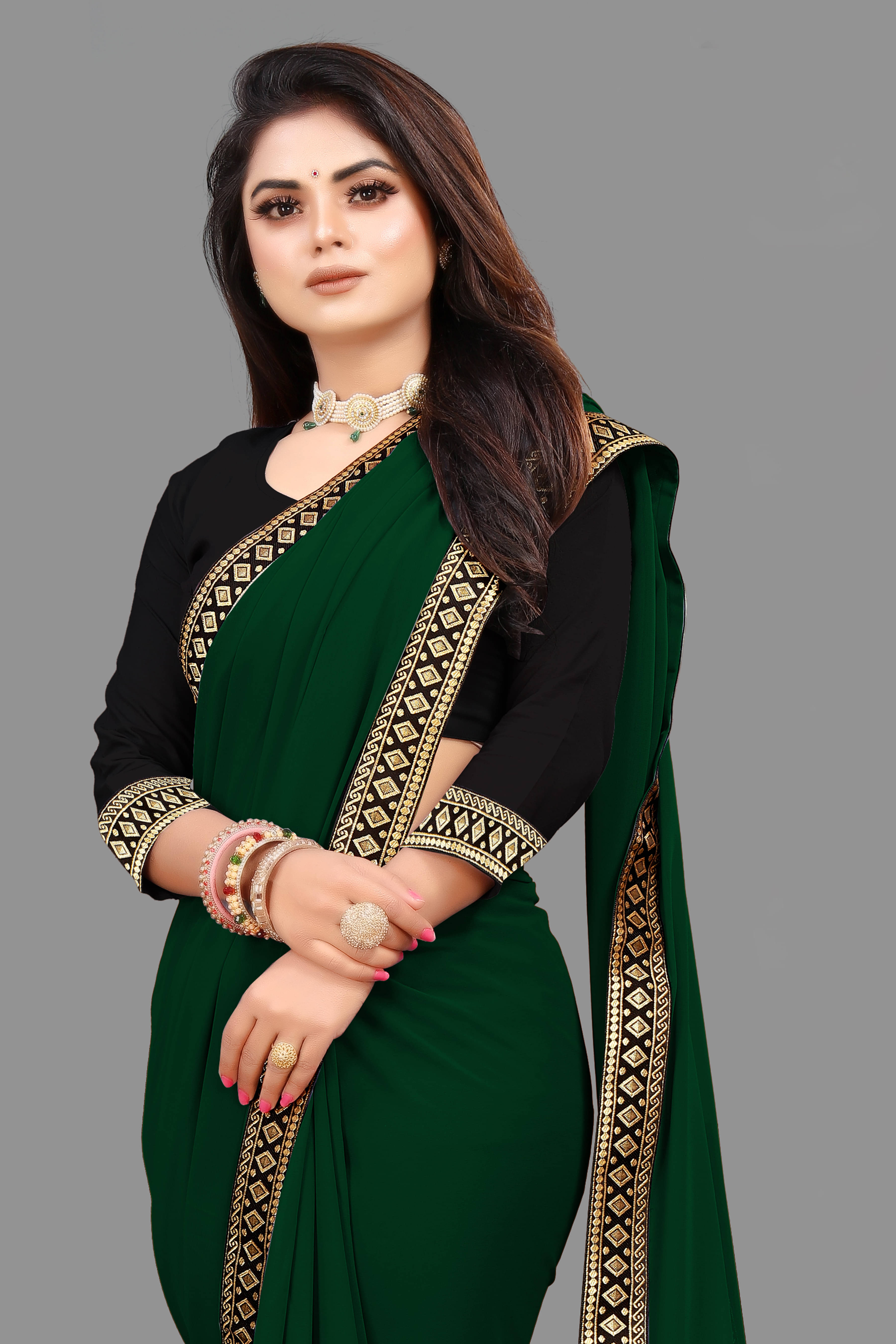 Sadika Georgette Solid Saree With Unstitched Blouse Piece ( Green ) Sadika Georgette Solid Saree With Unstitched Blouse Piece ( Green )