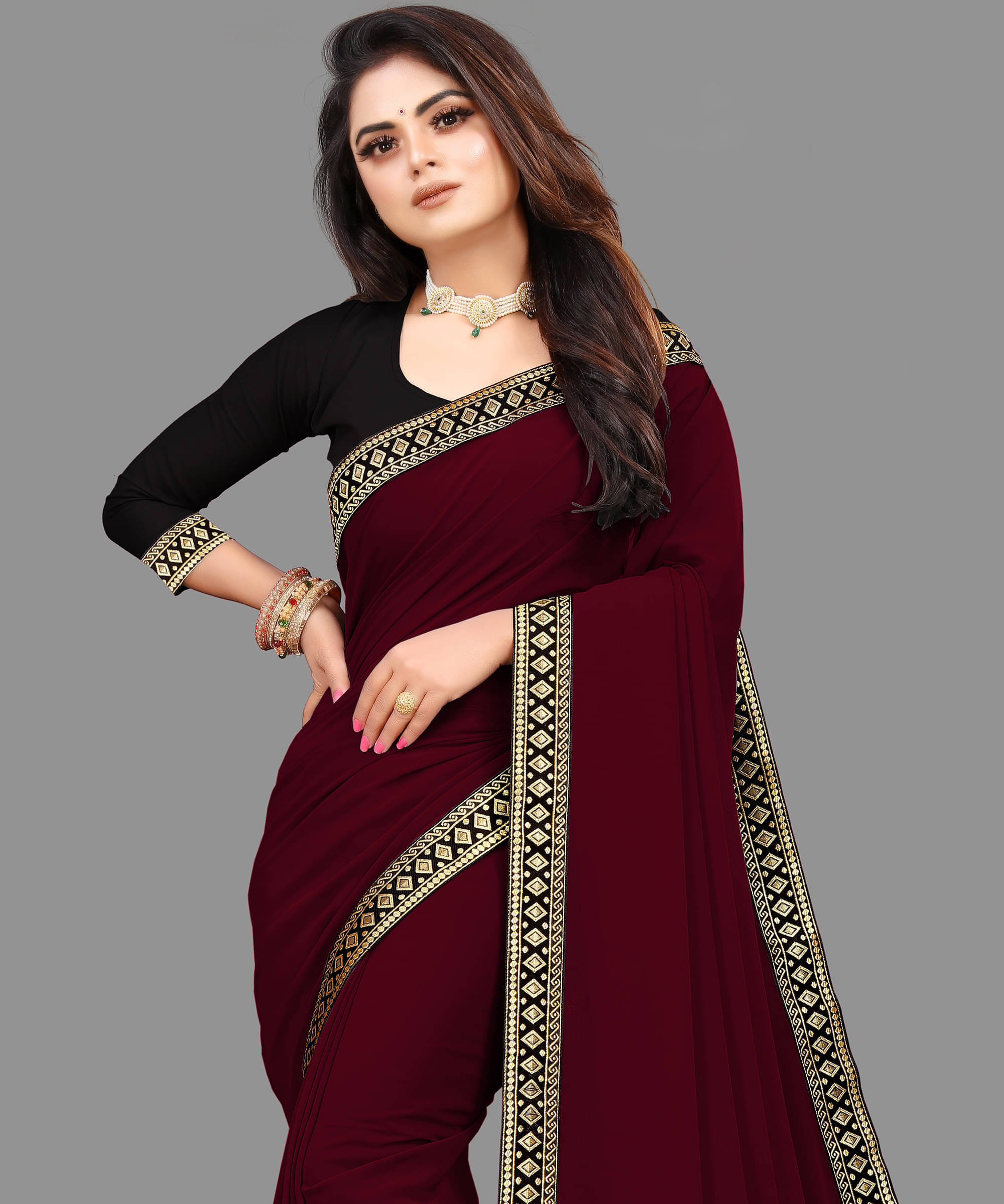 Sadika Georgette Solid Saree With Unstitched Blouse Piece ( Maroon ) Sadika Georgette Solid Saree With Unstitched Blouse Piece ( Maroon )