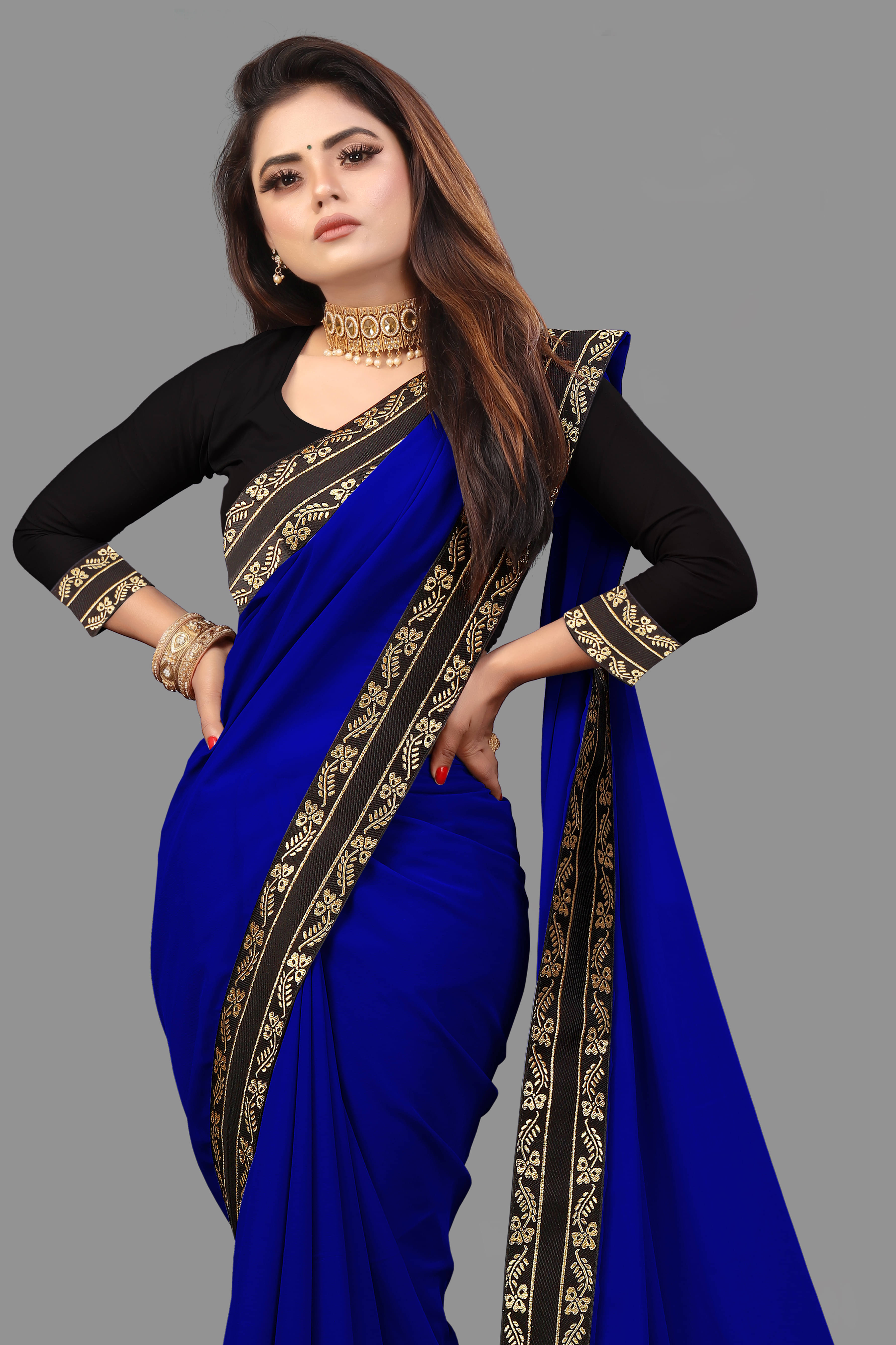     			Sadika Georgette Solid Saree With Unstitched Blouse Piece ( Blue )