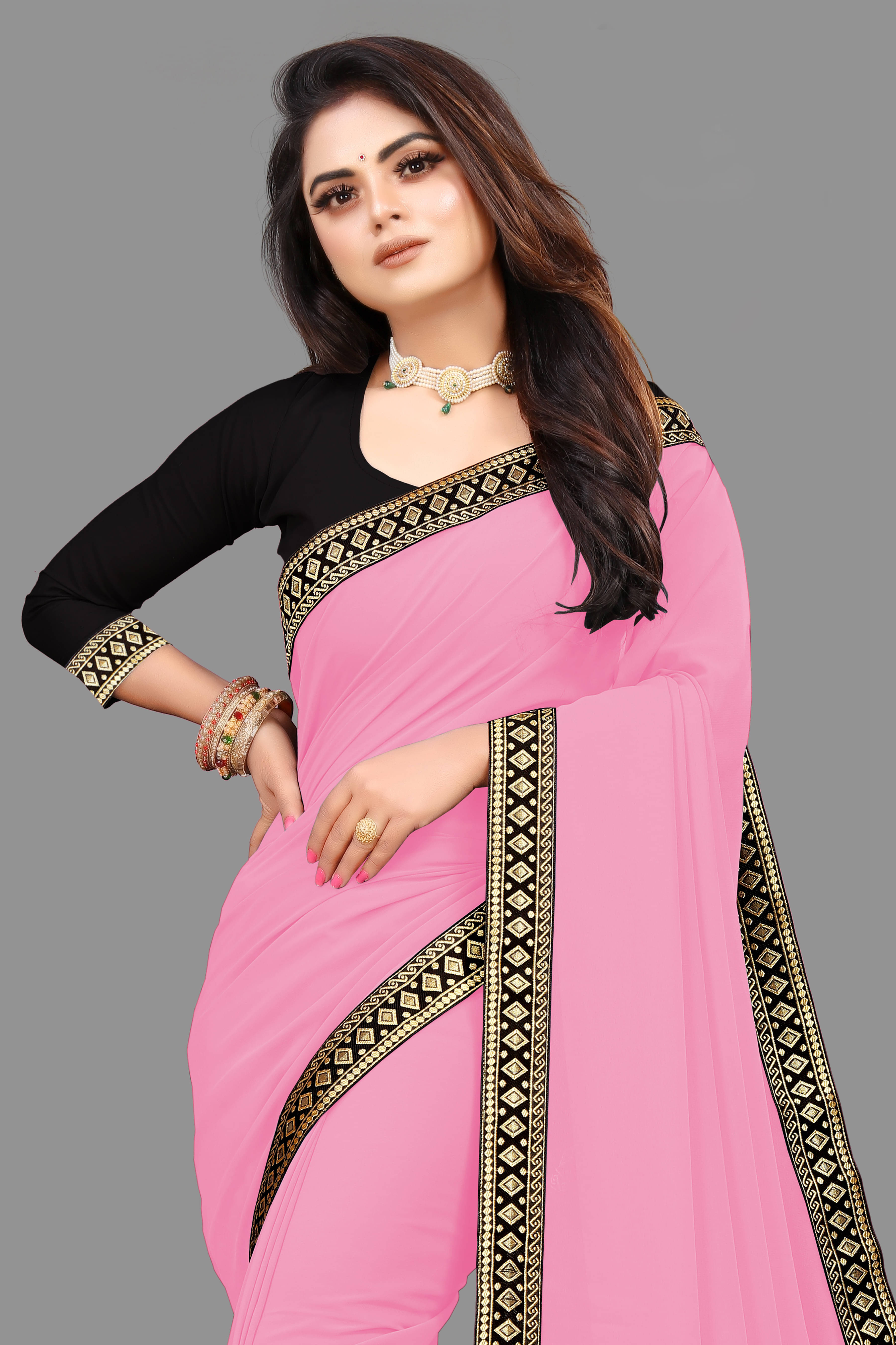     			Sadika Georgette Solid Saree With Unstitched Blouse Piece ( Pink )