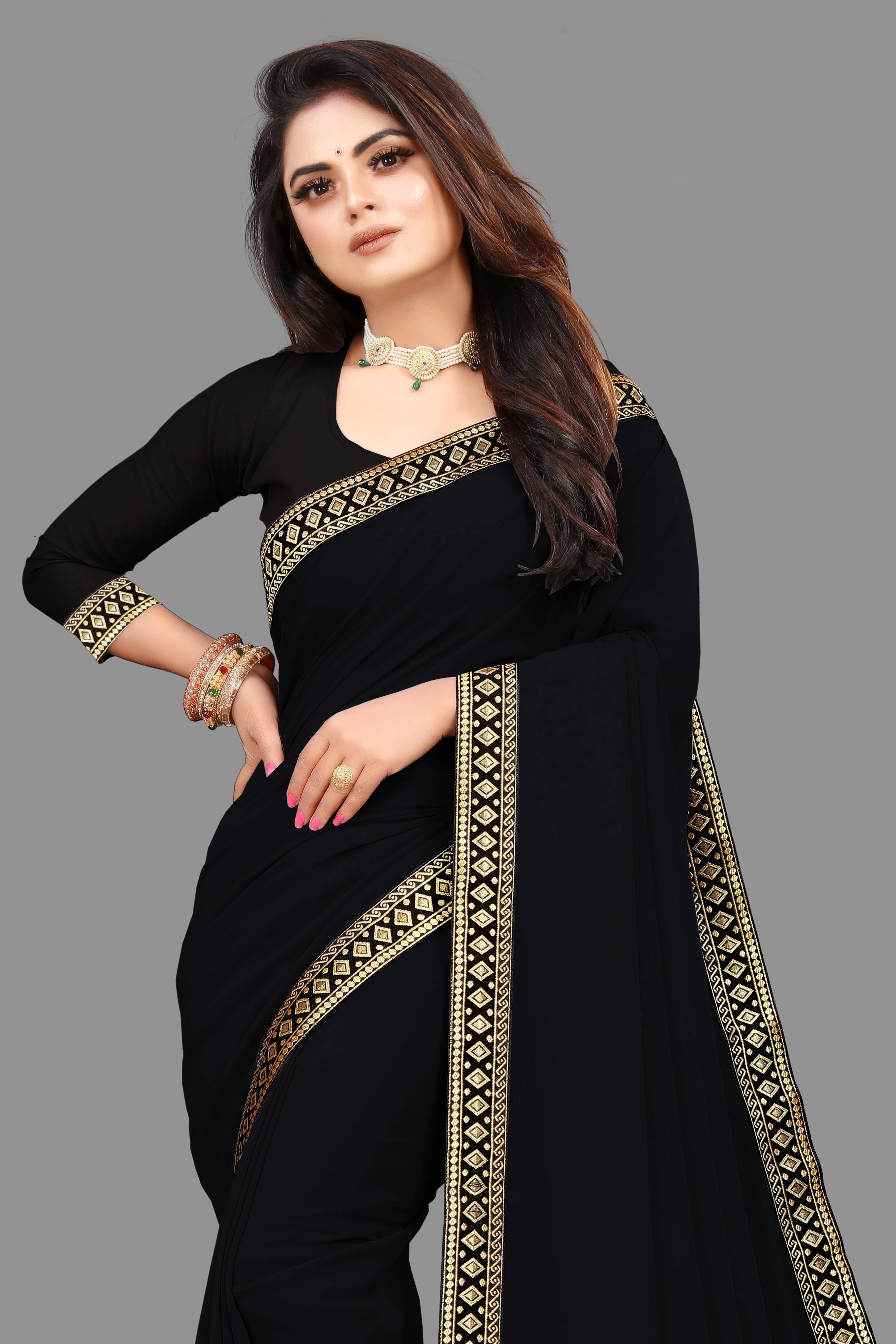 Sadika Georgette Solid Saree With Unstitched Blouse Piece ( Black ) Sadika Georgette Solid Saree With Unstitched Blouse Piece ( Black )