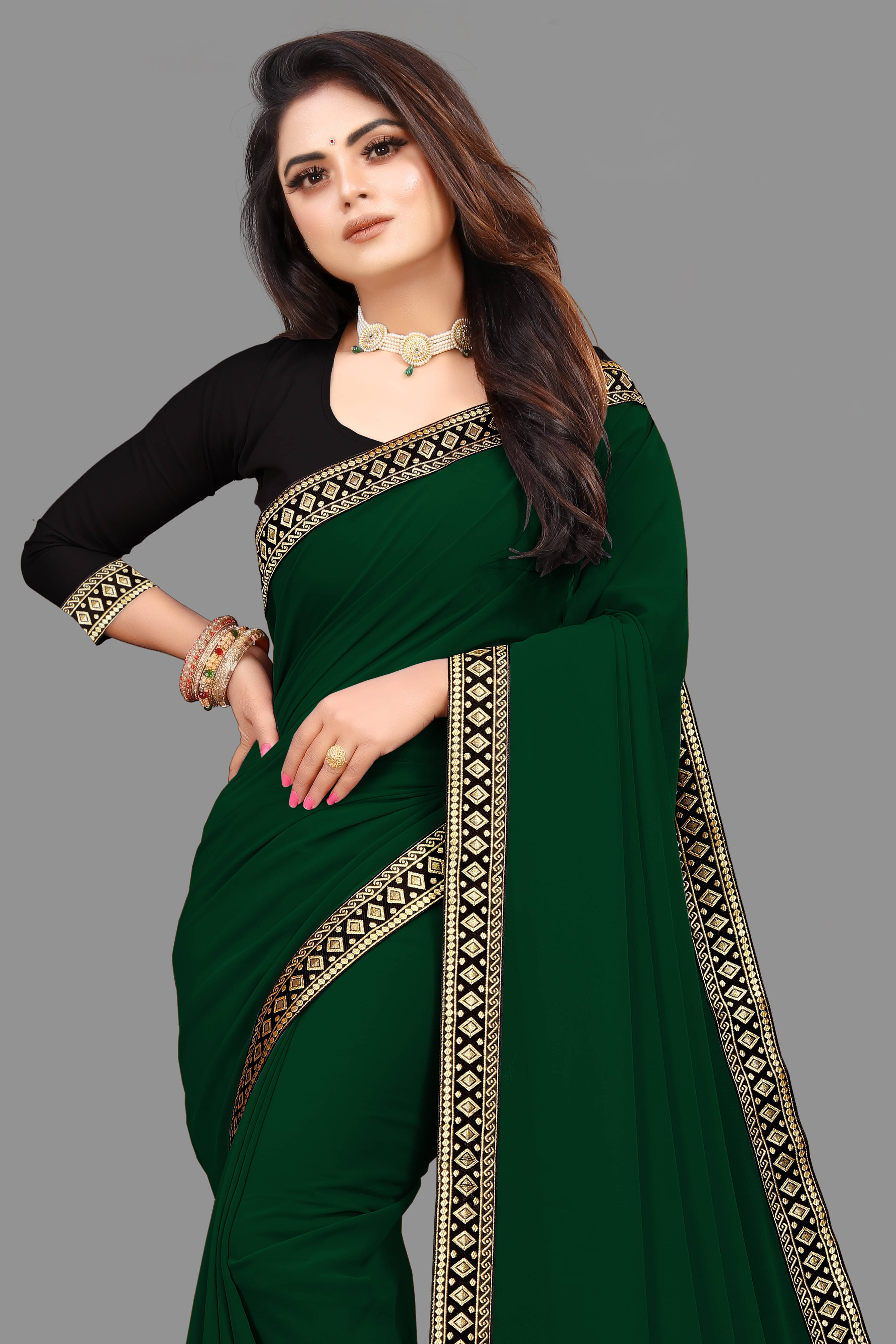 Sadika Georgette Solid Saree With Unstitched Blouse Piece ( Green ) Sadika Georgette Solid Saree With Unstitched Blouse Piece ( Green )