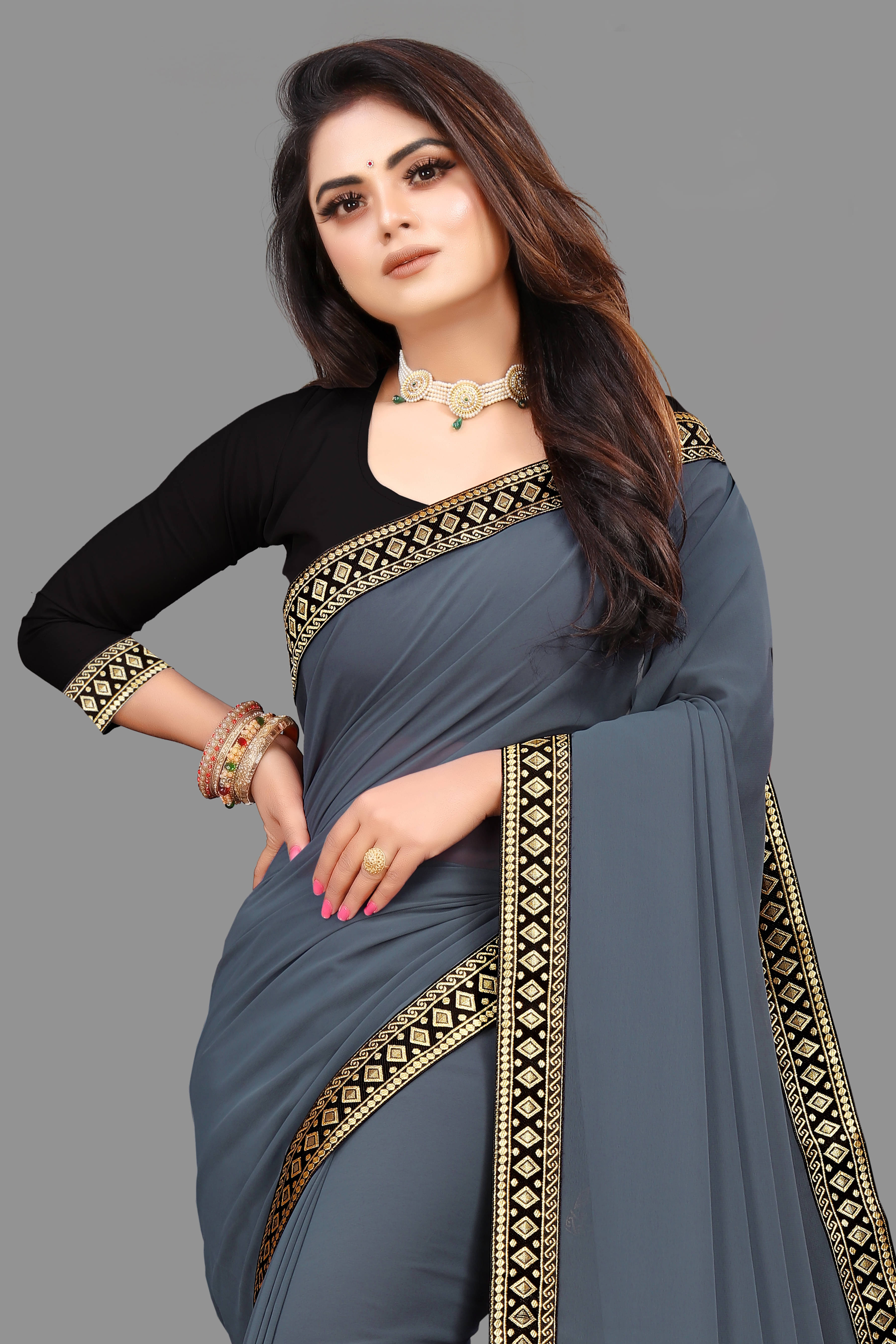 Sadika Georgette Solid Saree With Unstitched Blouse Piece ( Grey ) Sadika Georgette Solid Saree With Unstitched Blouse Piece ( Grey )