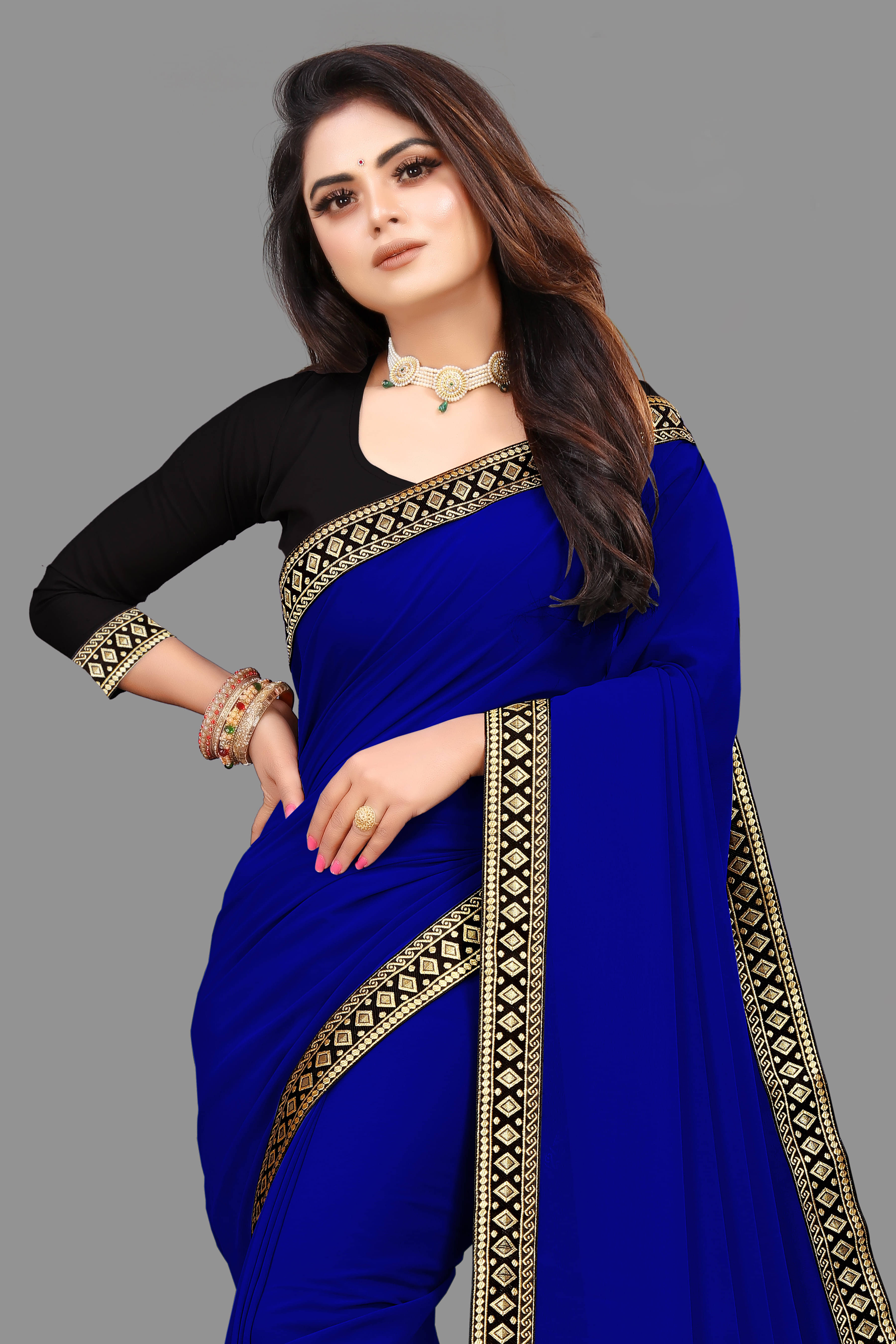     			Sadika Georgette Solid Saree With Unstitched Blouse Piece ( Blue )