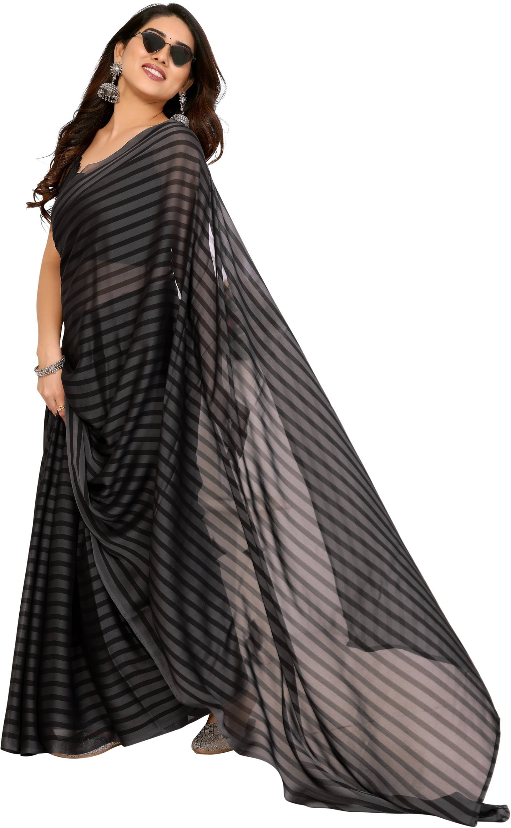 Sadika Georgette Striped Saree With Unstitched Blouse Piece ( Black ) Sadika Georgette Striped Saree With Unstitched Blouse Piece ( Black )